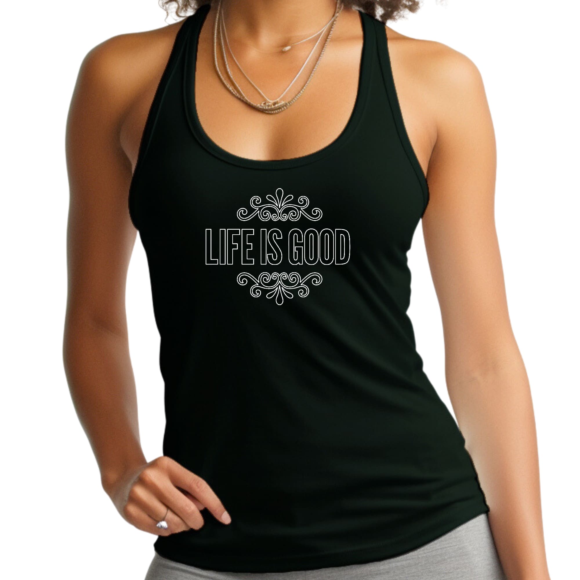 Women's Fitness Tank Top featuring 'Life is Good' graphic design, made from soft preshrunk cotton for comfort and durability.