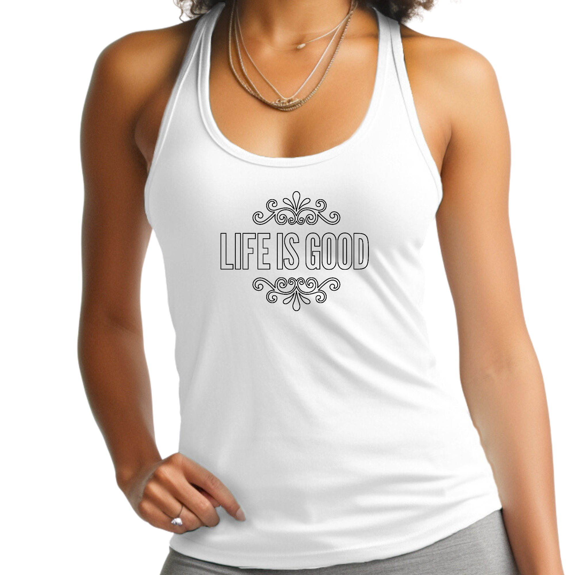 Women's Fitness Tank Top featuring 'Life is Good' graphic art, made from soft preshrunk cotton, ideal for activewear.