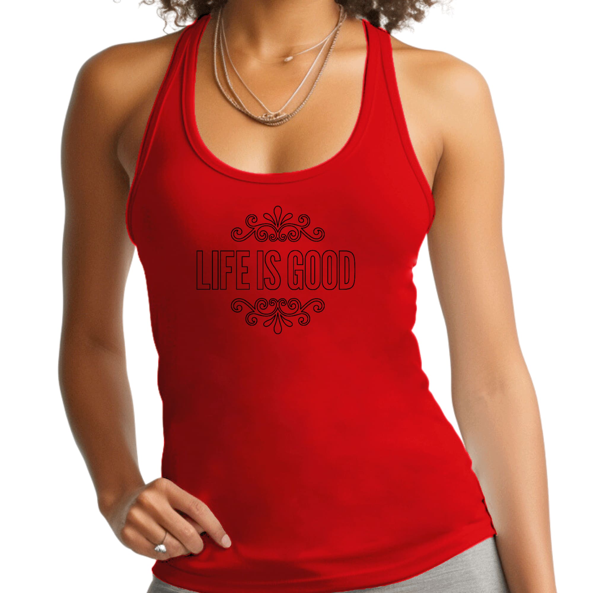 Women's Fitness Tank Top featuring 'Life is Good' graphic art, made from soft preshrunk cotton, ideal for activewear.