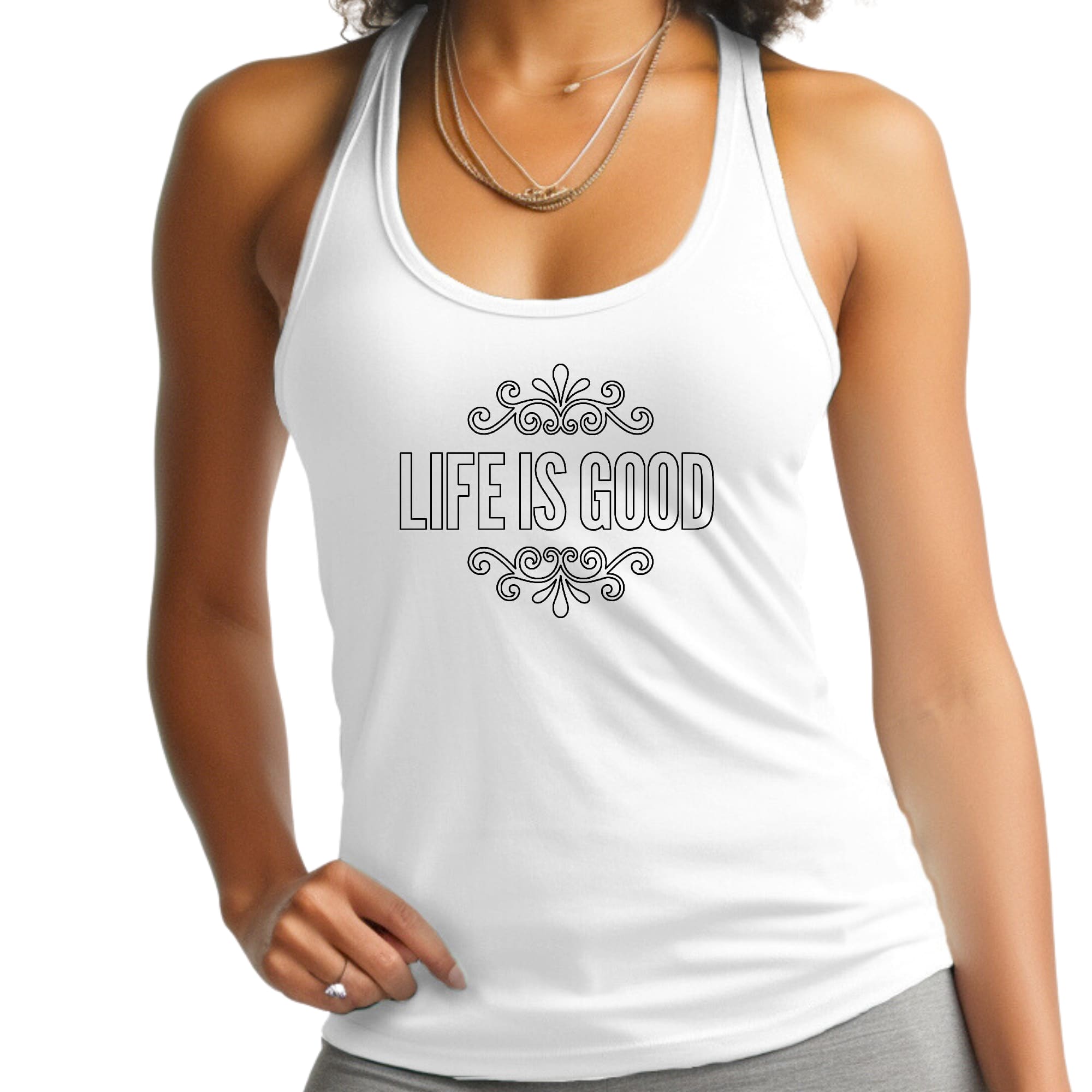 Women's Fitness Tank Top featuring 'Life is Good' graphic art, made from soft preshrunk cotton, ideal for activewear.