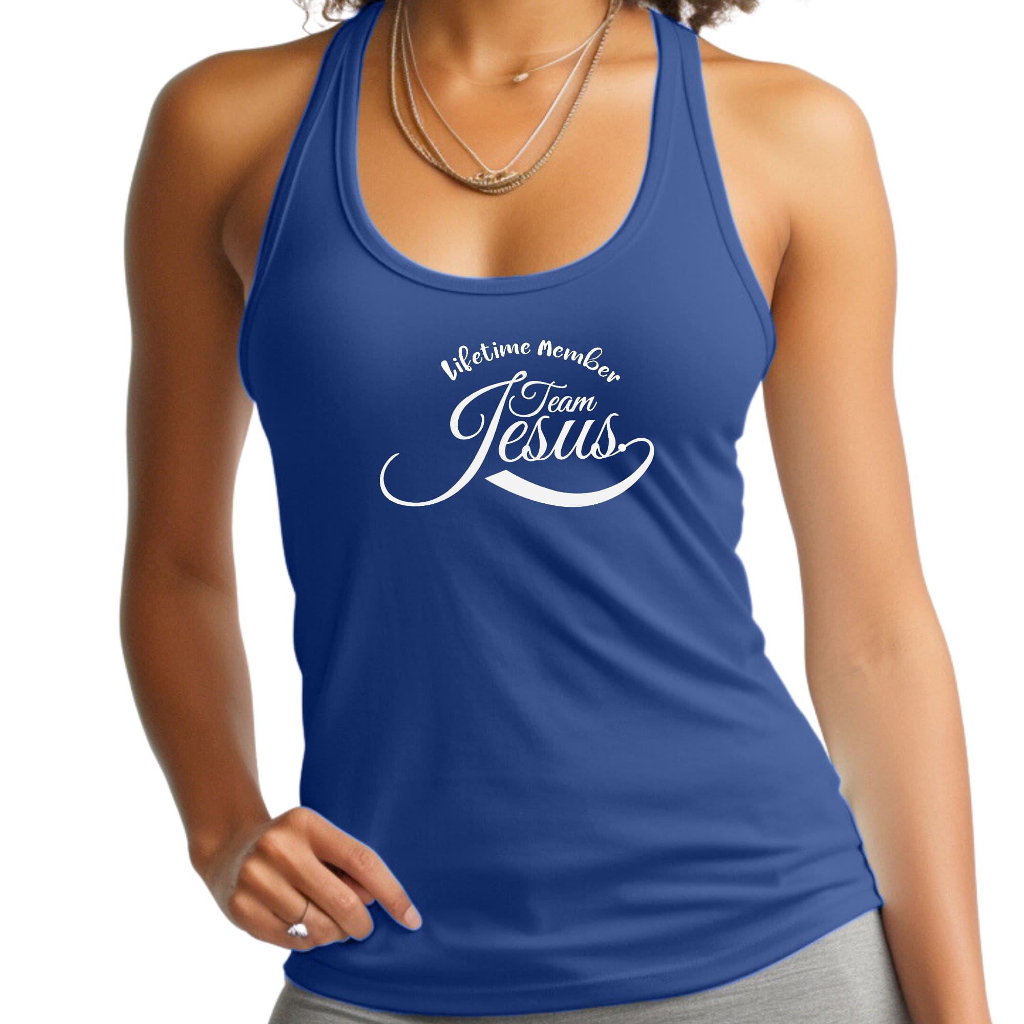 Women's Fitness Tank Top featuring Lifetime Member Team Jesus graphic, made from soft preshrunk cotton, ideal for workouts and casual wear.