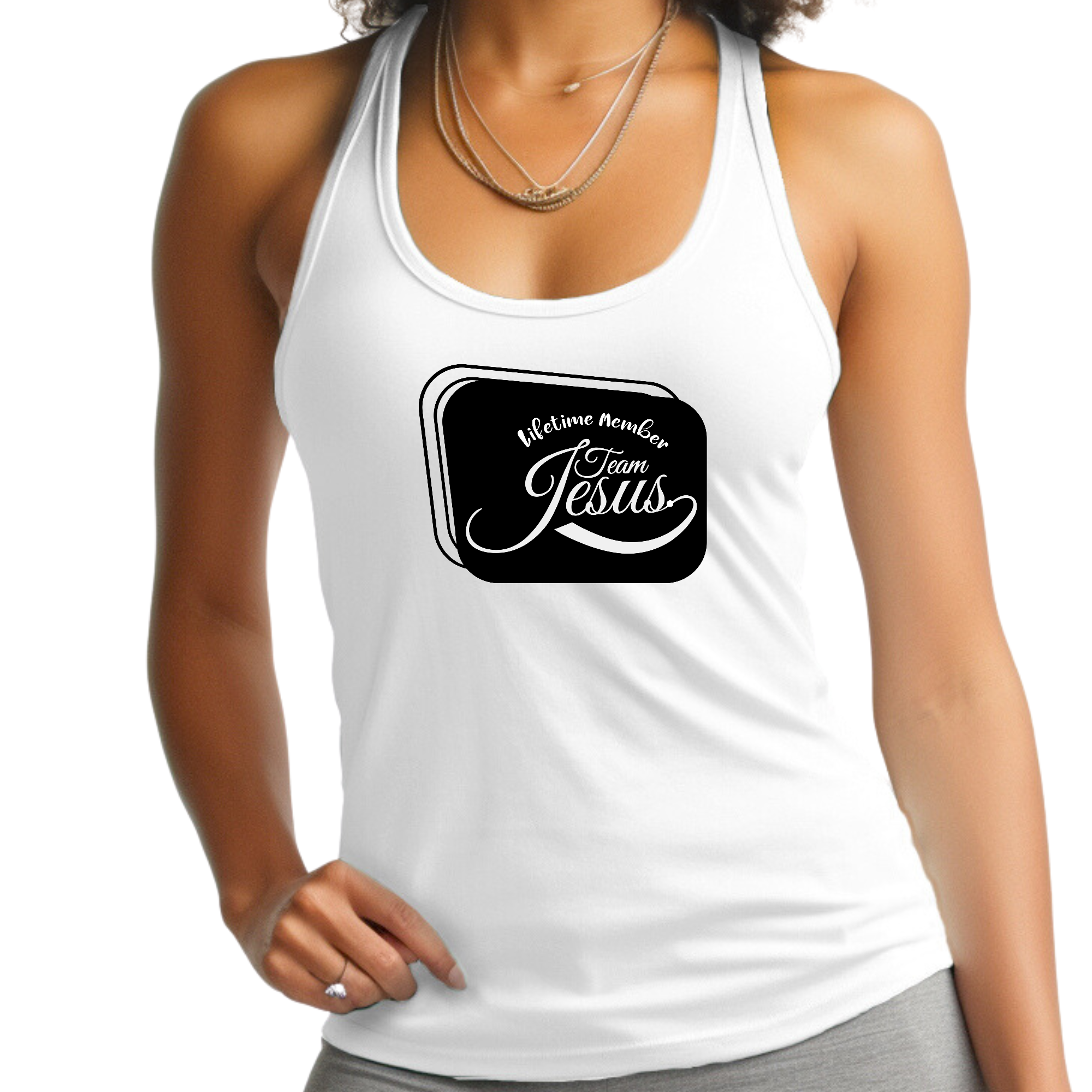 Women's Fitness Tank Top in black featuring Lifetime Member Team Jesus graphic, made from soft preshrunk cotton.
