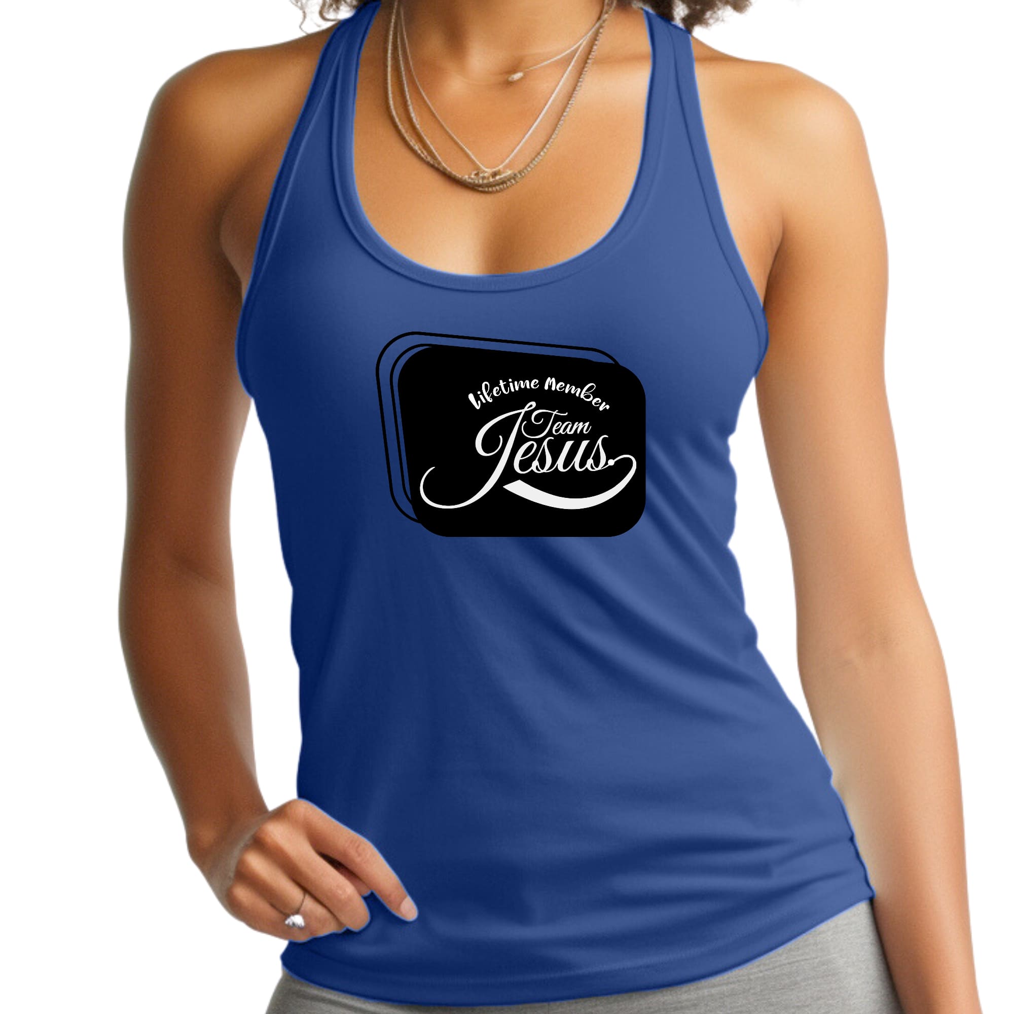 Women's Fitness Tank Top in black featuring Lifetime Member Team Jesus graphic, made from soft preshrunk cotton.