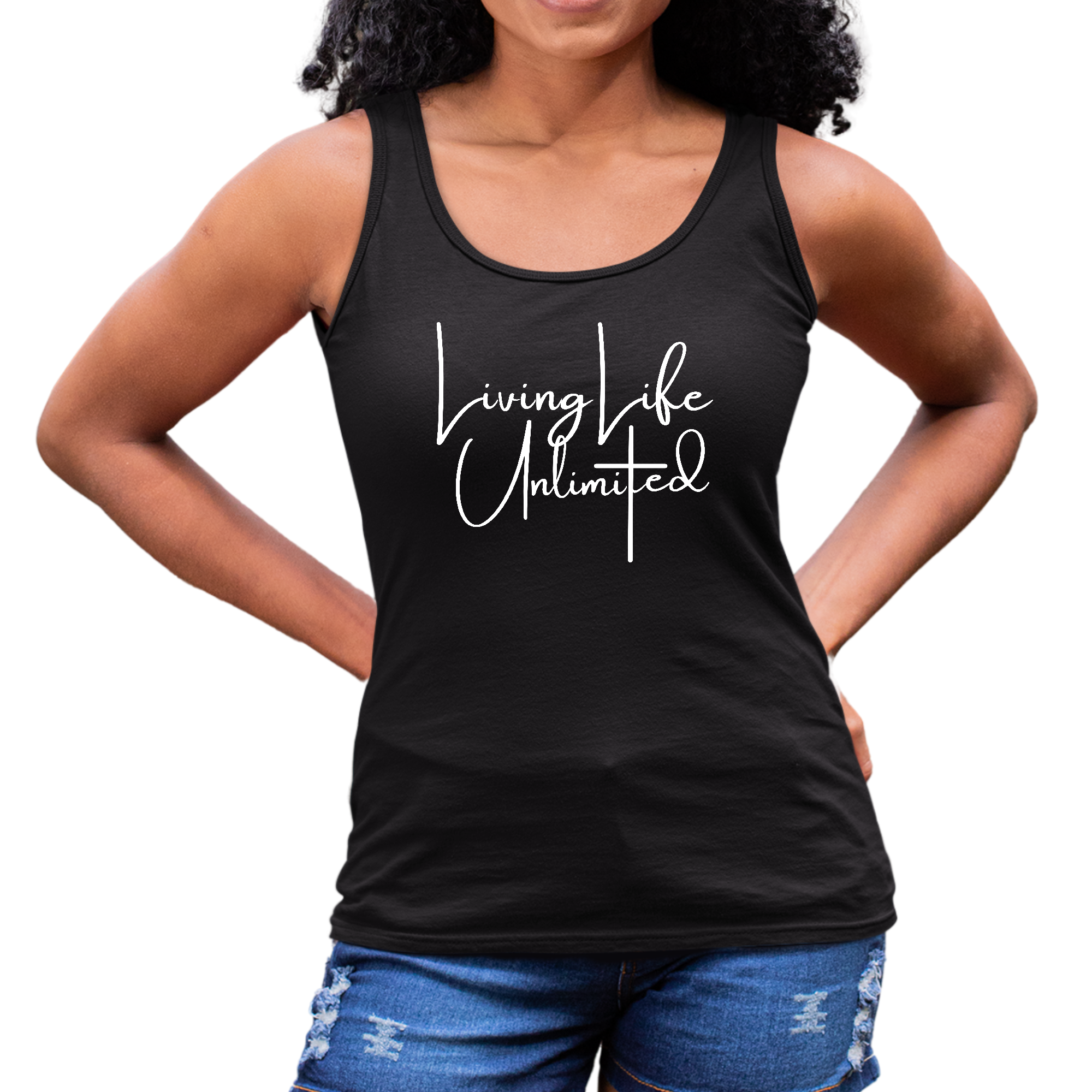 Women's Fitness Tank Top featuring 'Living Life Unlimited' graphic, made from soft preshrunk cotton, ideal for workouts and casual wear.