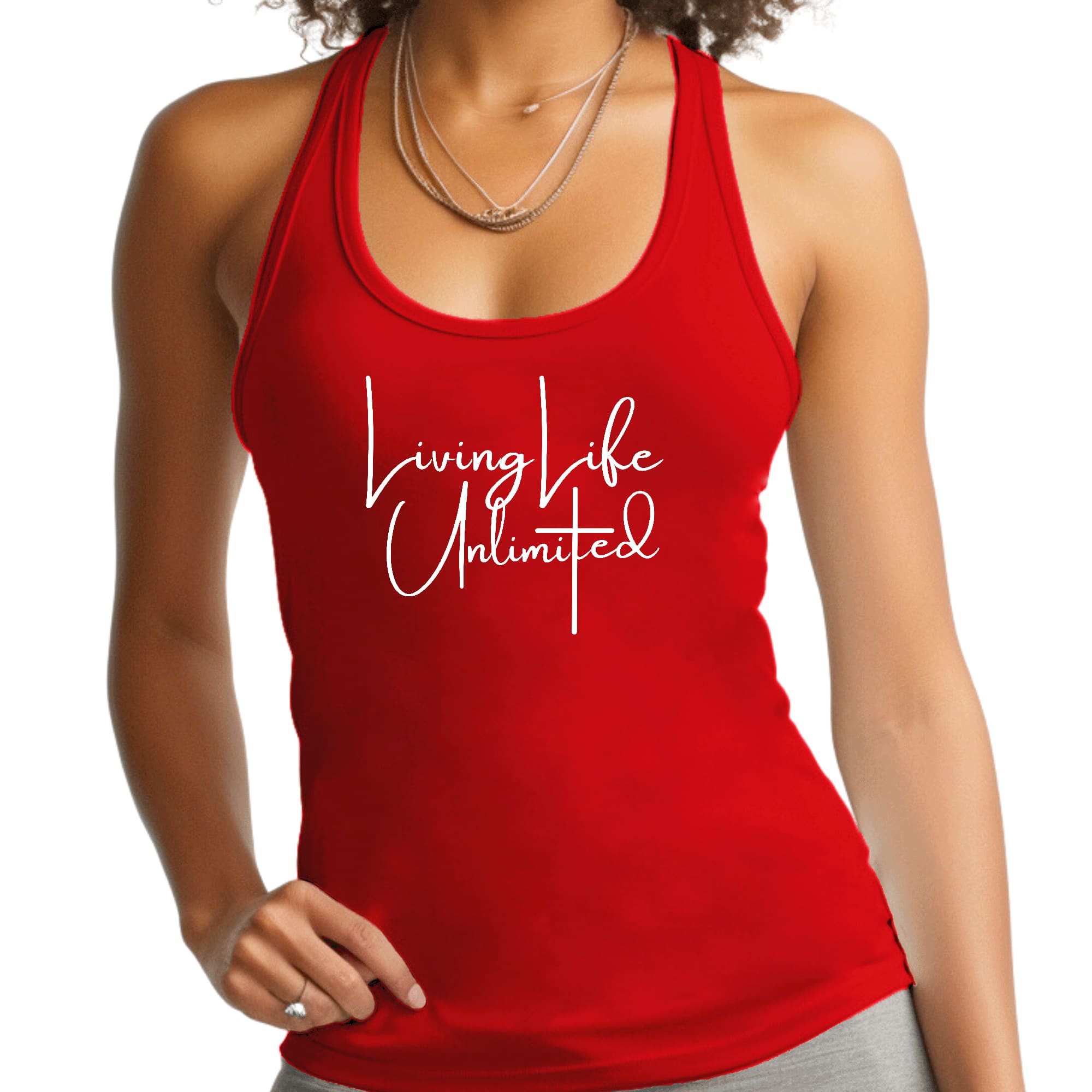 Women's Fitness Tank Top featuring 'Living Life Unlimited' graphic, made from soft preshrunk cotton, ideal for workouts and casual wear.
