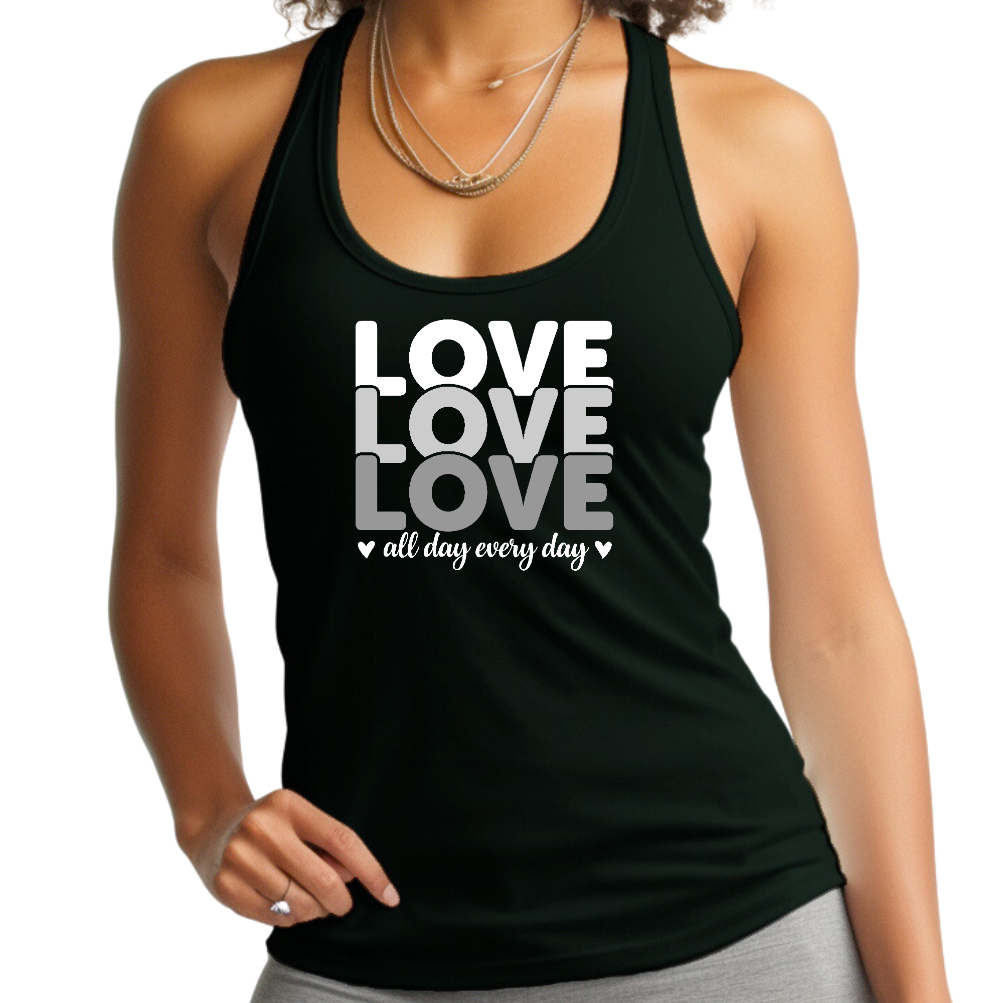 Women's Fitness Tank Top in white with grey graphic print saying 'Love All Day Every Day', showcasing its soft fabric and classic fit.