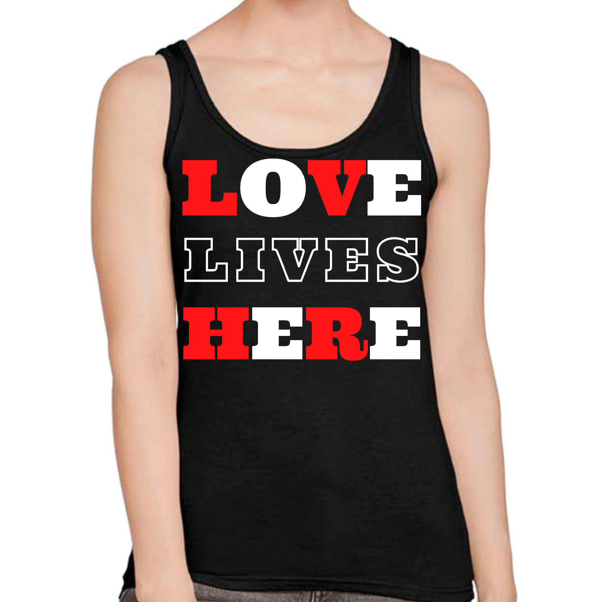 Women's Fitness Tank Top featuring 'Love Lives Here' graphic, made of soft cotton with a unisex fit.
