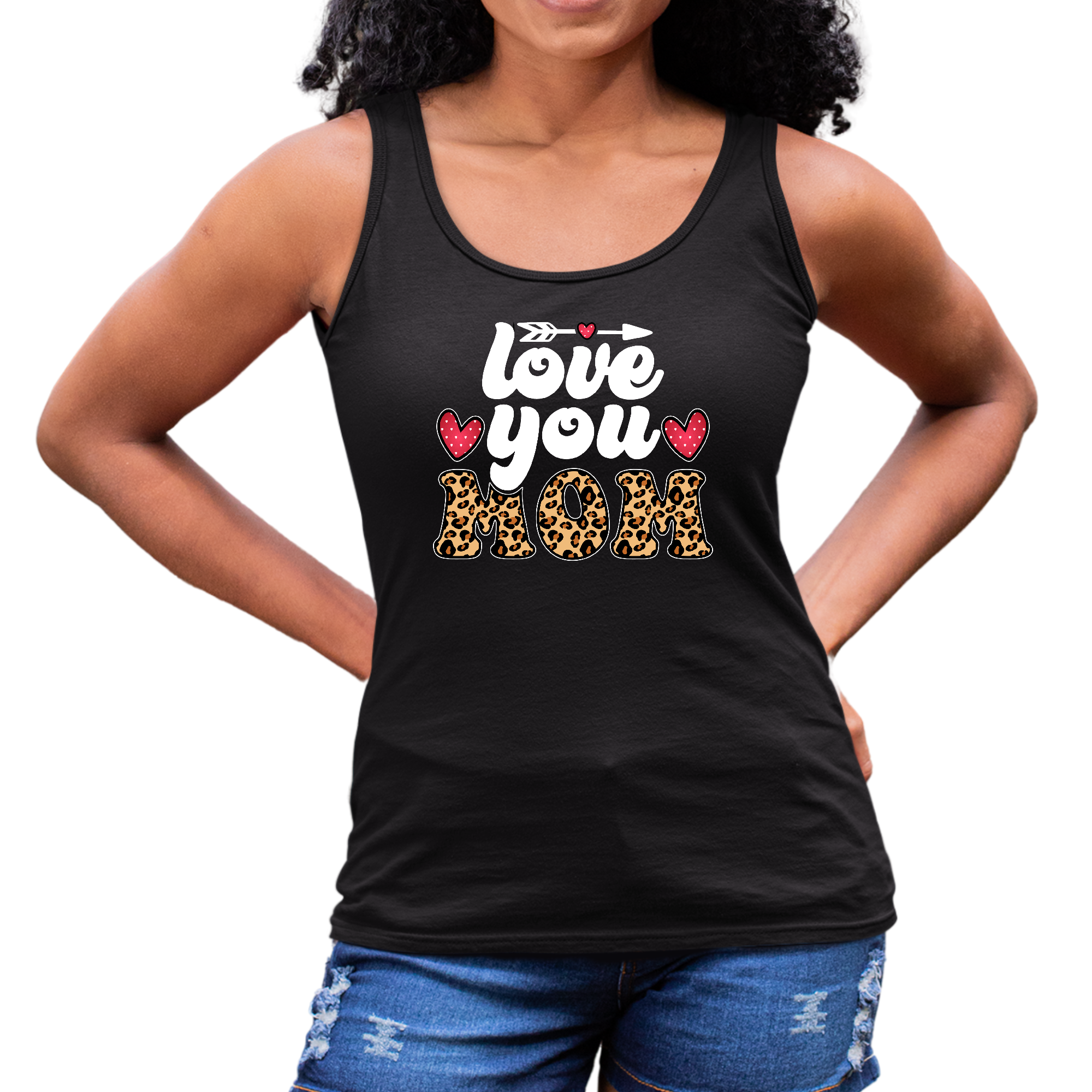 Women's Fitness Tank Top with Love You Mom leopard print design, made from soft preshrunk cotton, perfect for Mother's Day.