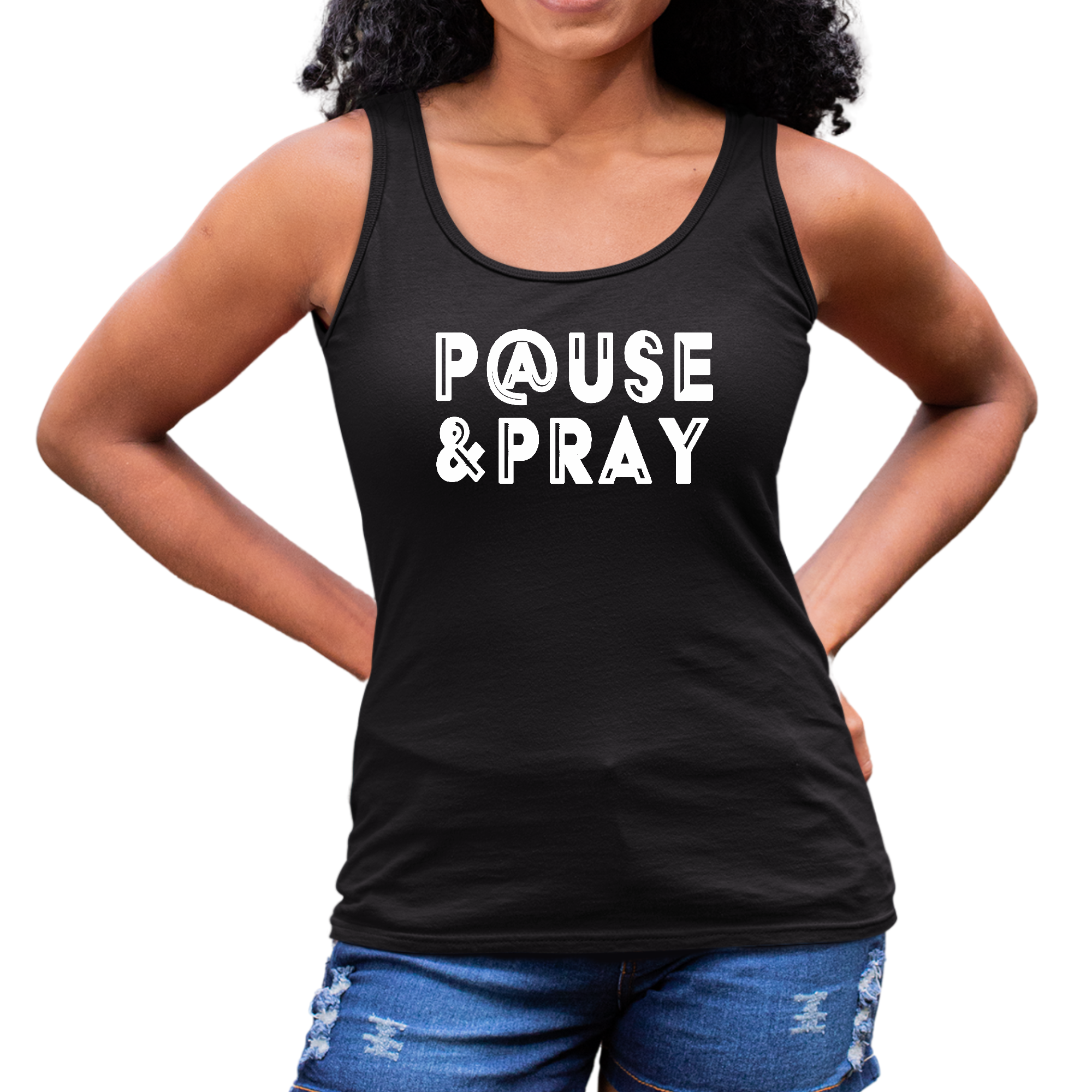 Women's Fitness Tank Top in soft cotton with 'Pause and Pray' graphic, showcasing a comfortable and stylish design for workouts.