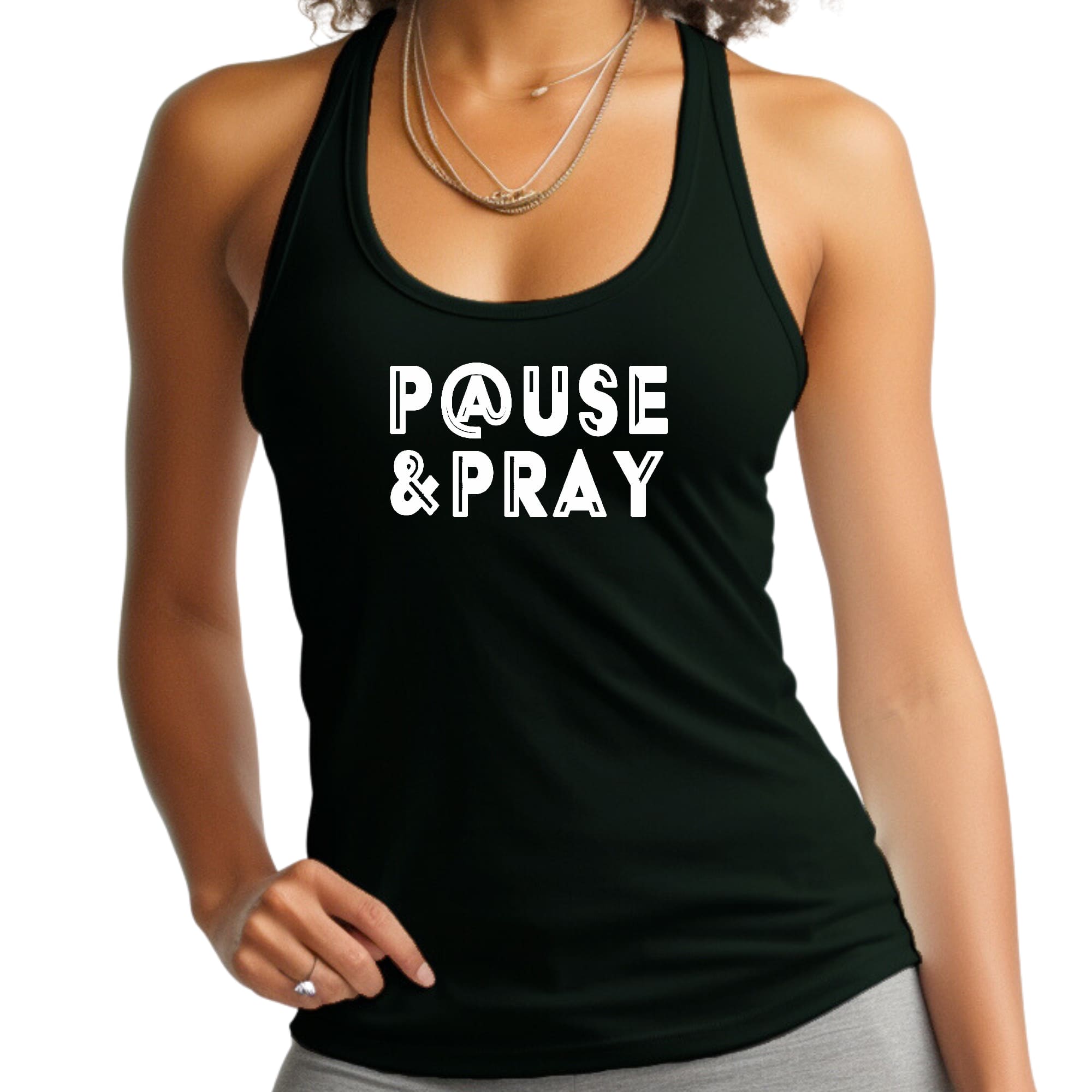 Women's Fitness Tank Top in soft cotton with 'Pause and Pray' graphic, showcasing a comfortable and stylish design for workouts.