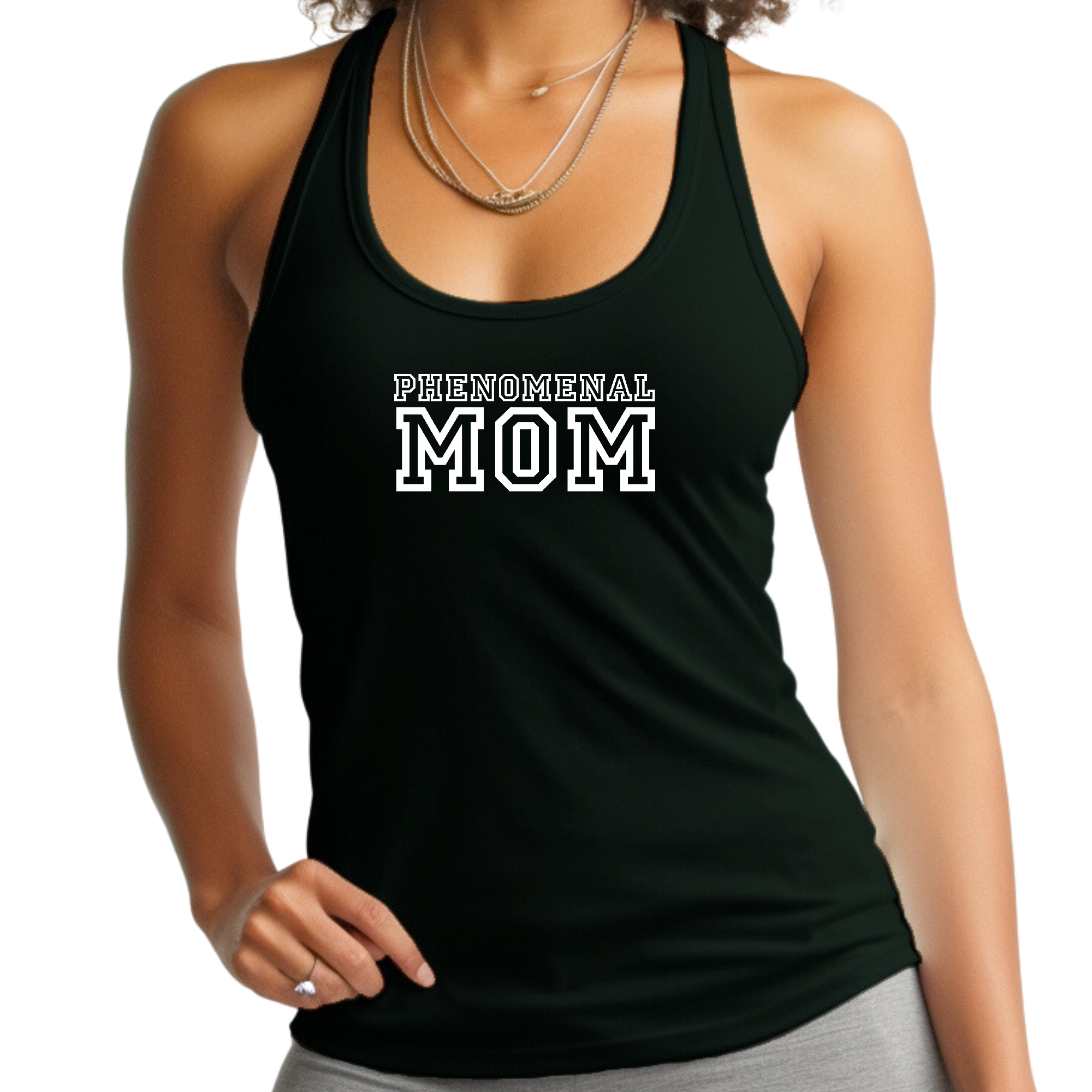 Womens Fitness Tank Top with Phenomenal Mom graphic print, showcasing a comfortable and stylish design for active moms.