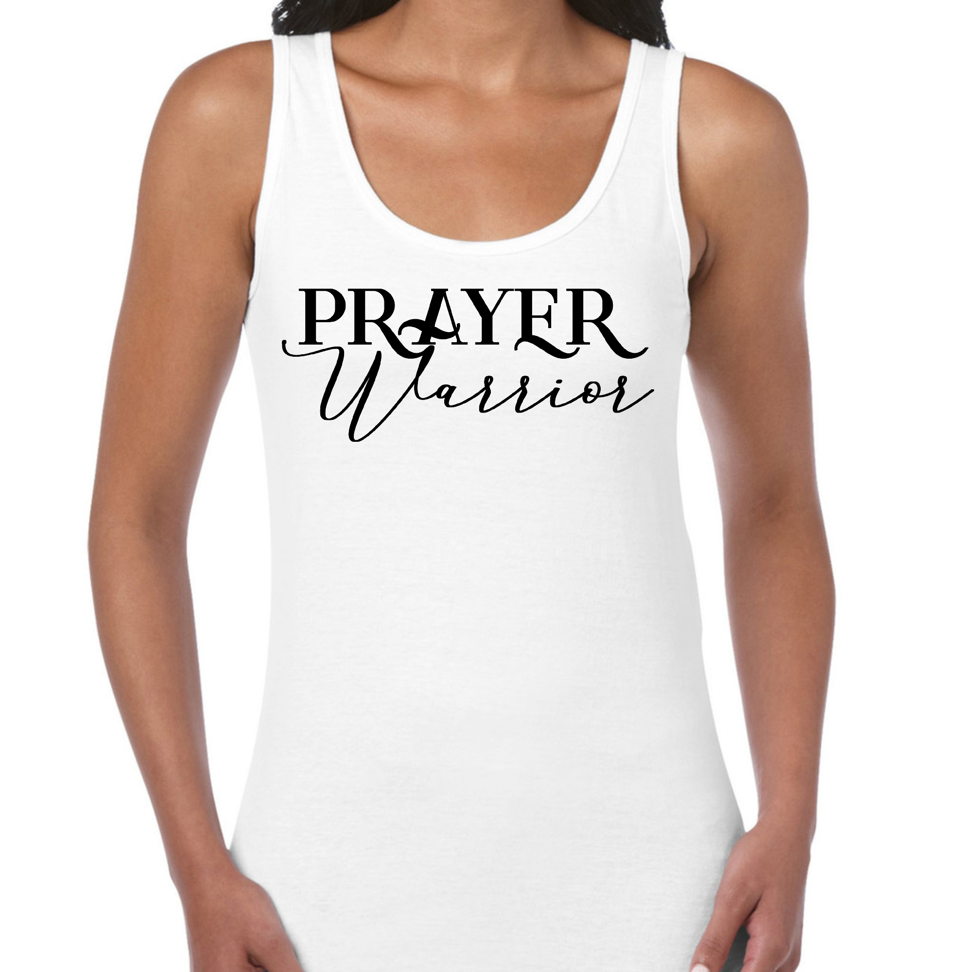 Women's Fitness Tank Top featuring Prayer Warrior graphic, soft cotton material, and unisex fit.