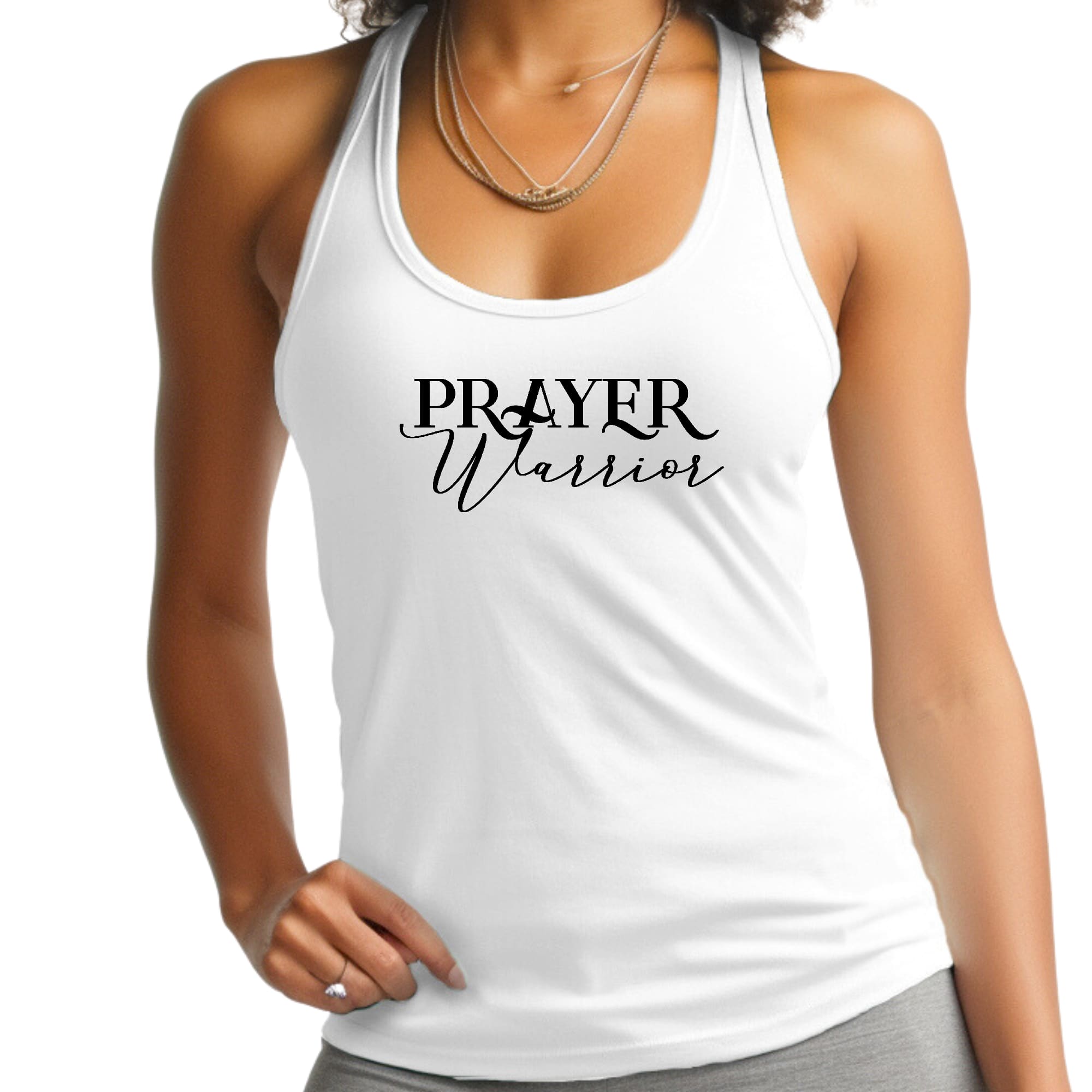 Women's Fitness Tank Top featuring Prayer Warrior graphic, soft cotton material, and unisex fit.