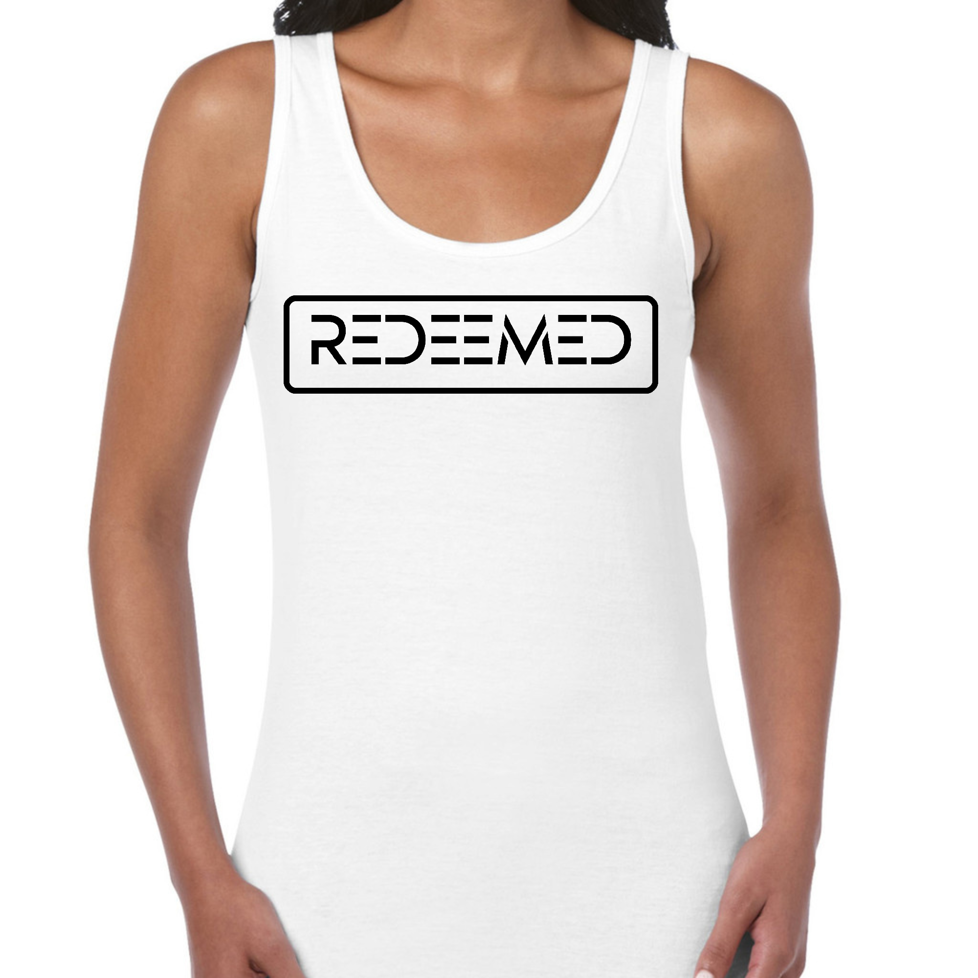 Women's Fitness Tank Top featuring a Redeemed Black Illustration, made from soft preshrunk cotton for comfort and durability.