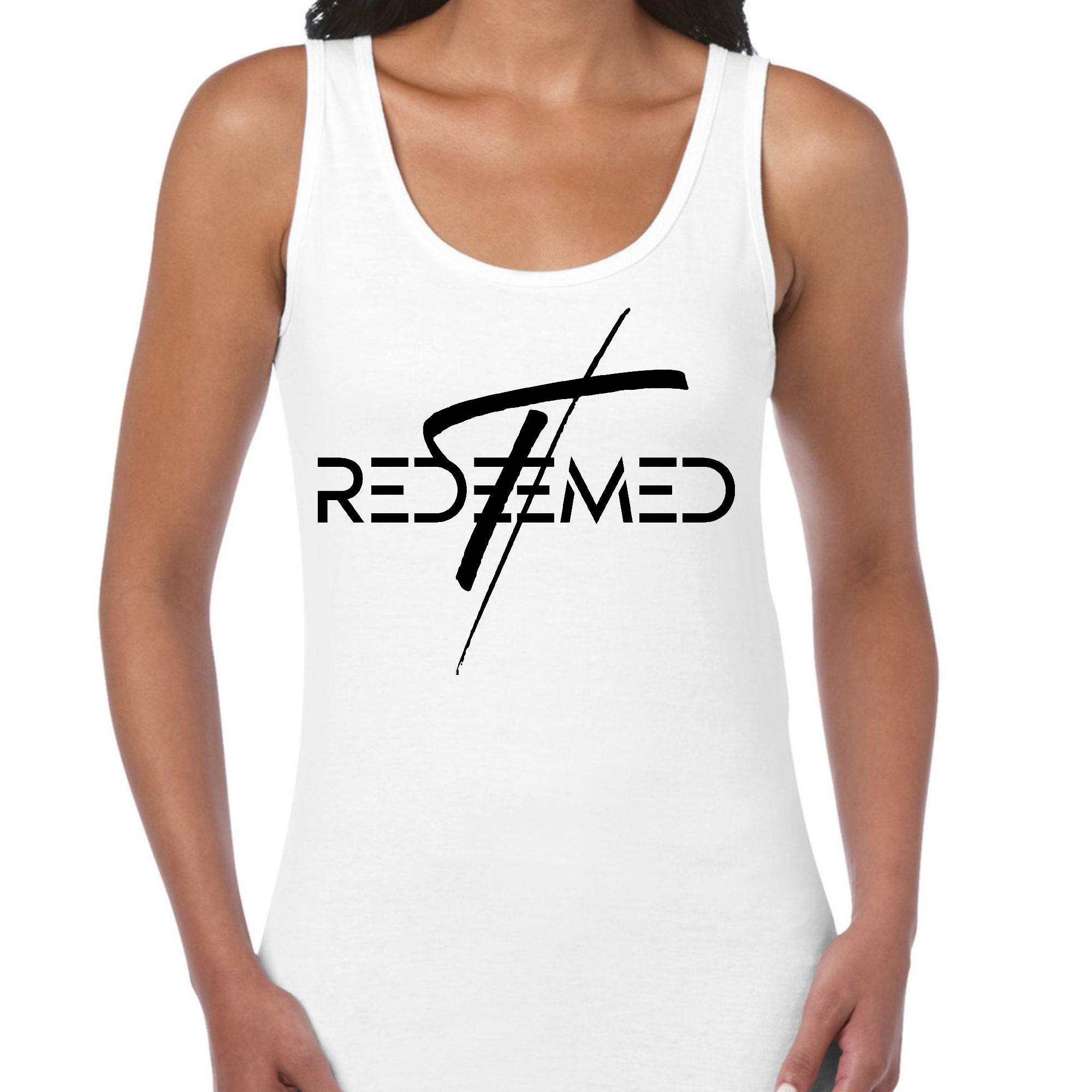 Women's black fitness tank top featuring a Redeemed Cross graphic, made from soft preshrunk cotton for comfort and durability.