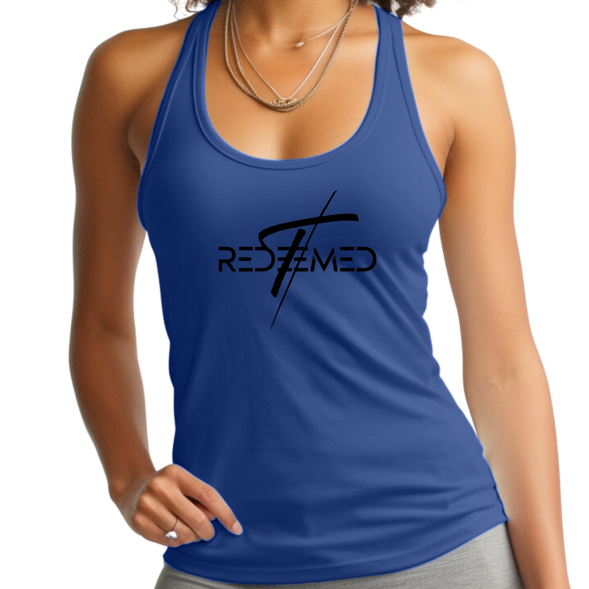 Women's black fitness tank top featuring a Redeemed Cross graphic, made from soft preshrunk cotton for comfort and durability.