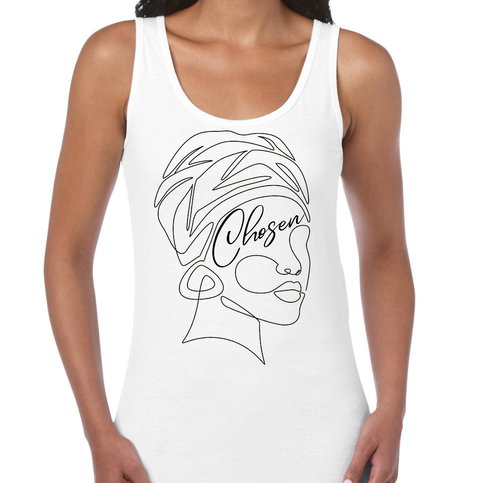 Black women's fitness tank top featuring 'Chosen' line art design, made from soft preshrunk cotton for comfort and durability.
