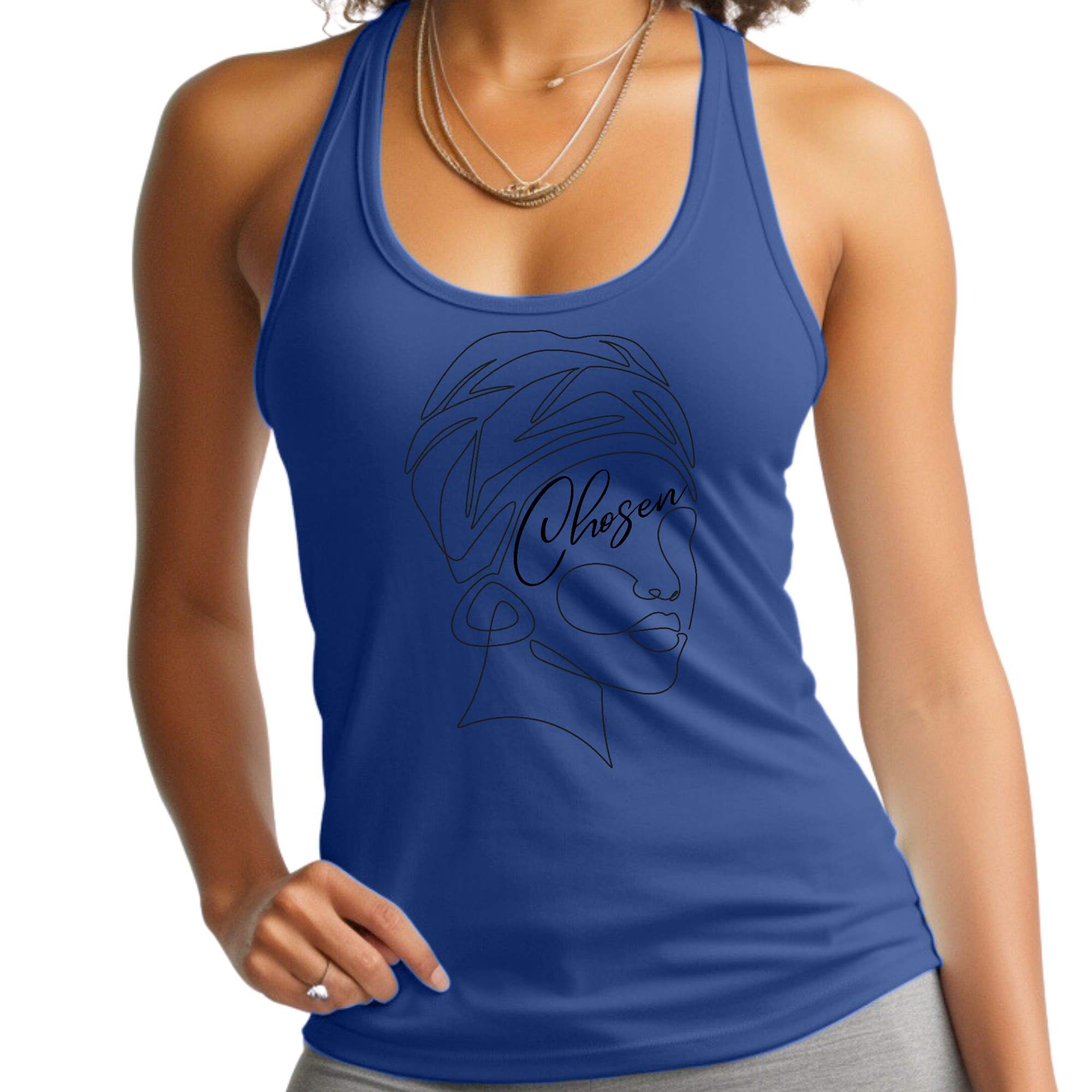 Black women's fitness tank top featuring 'Chosen' line art design, made from soft preshrunk cotton for comfort and durability.