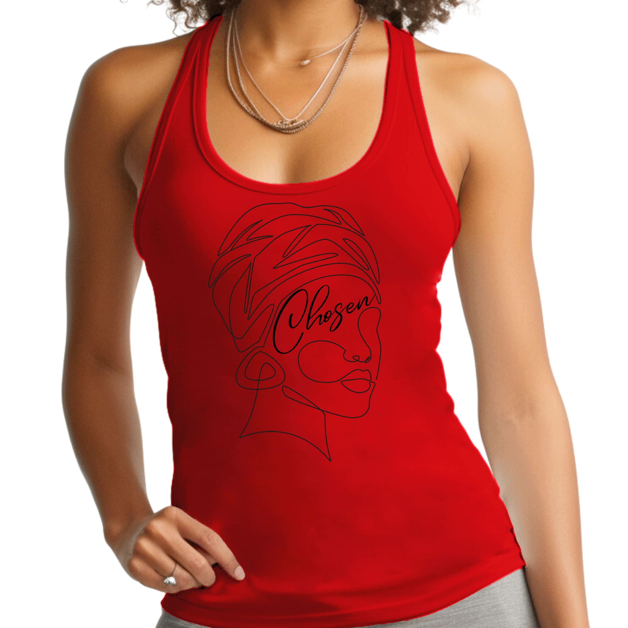 Black women's fitness tank top featuring 'Chosen' line art design, made from soft preshrunk cotton for comfort and durability.