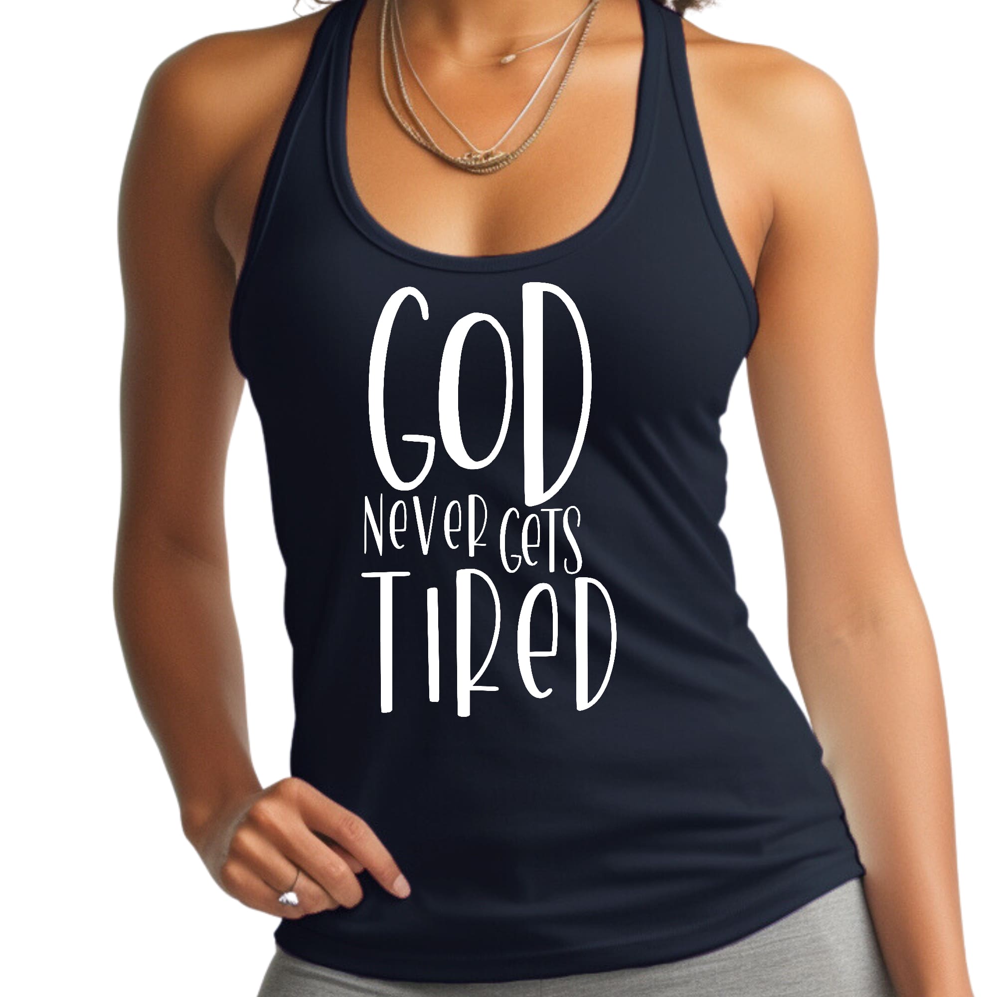Women's Fitness Tank Top with motivational graphic 'God Never Gets Tired', made from soft preshrunk cotton, ideal for workouts.