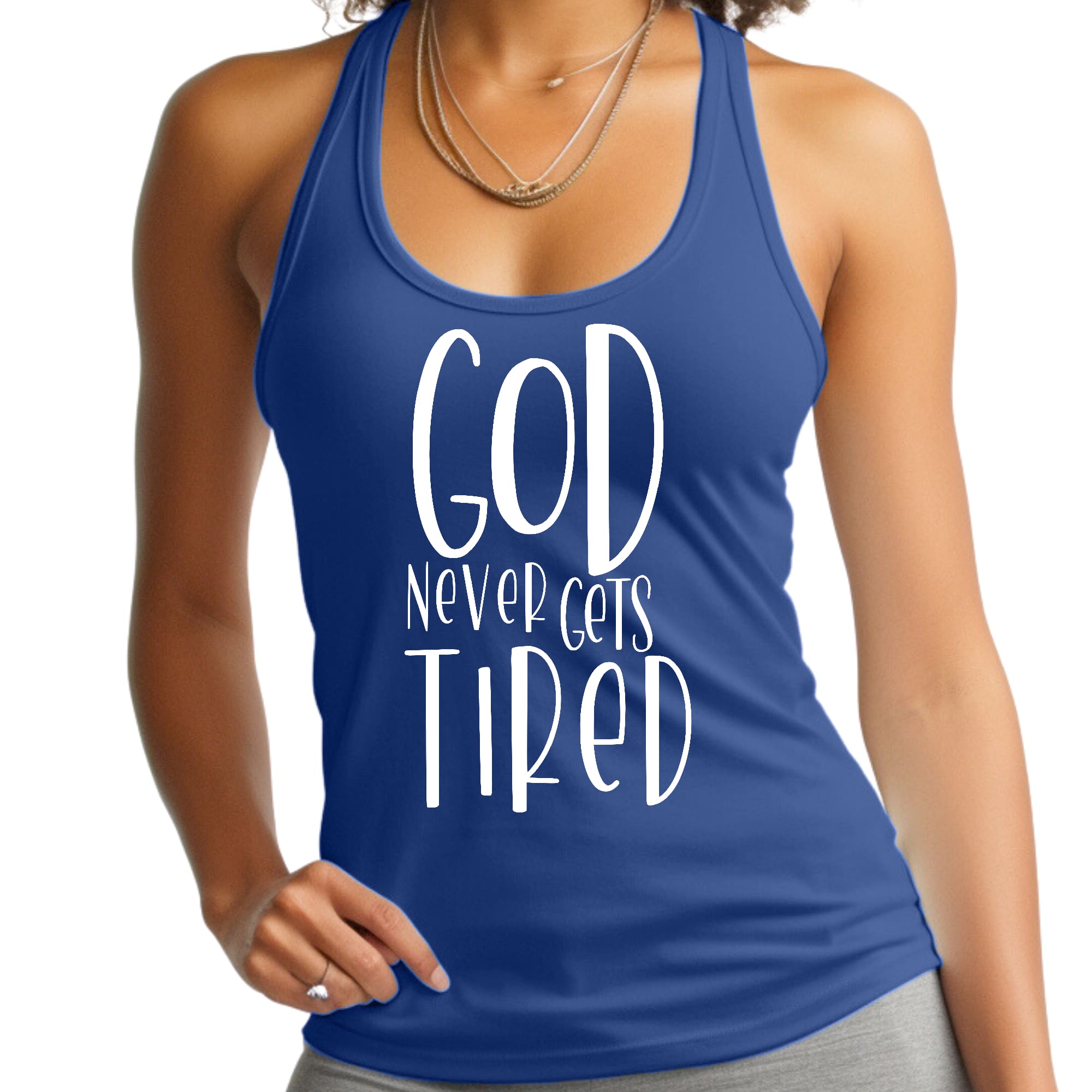 Women's Fitness Tank Top with motivational graphic 'God Never Gets Tired', made from soft preshrunk cotton, ideal for workouts.