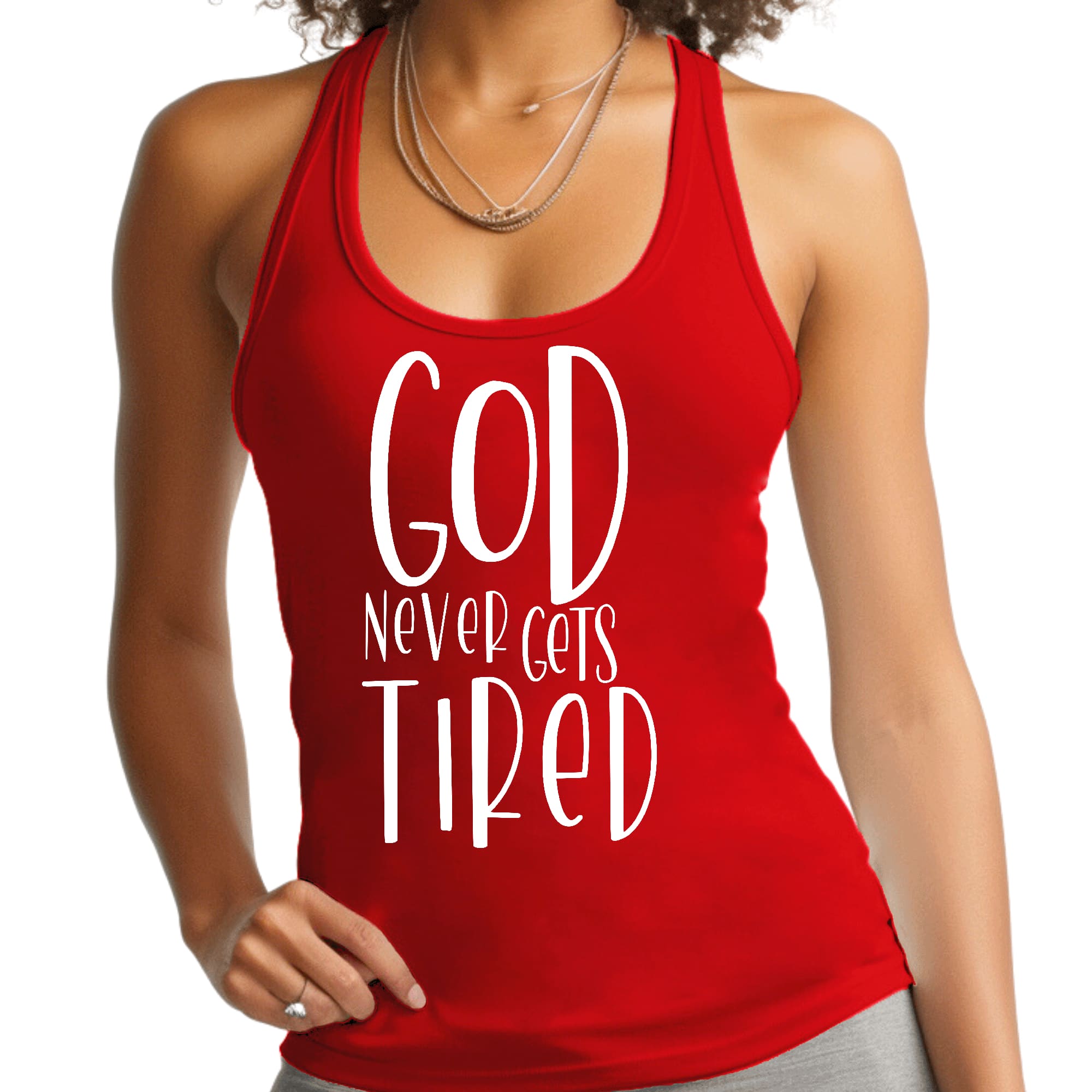 Women's Fitness Tank Top with motivational graphic 'God Never Gets Tired', made from soft preshrunk cotton, ideal for workouts.