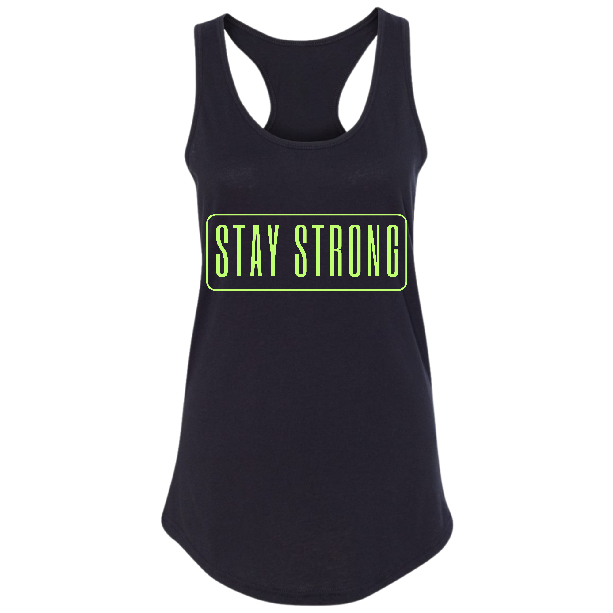 Women's Fitness Tank Top featuring a neon 'Stay Strong' graphic print, made from soft preshrunk cotton for comfort and durability.