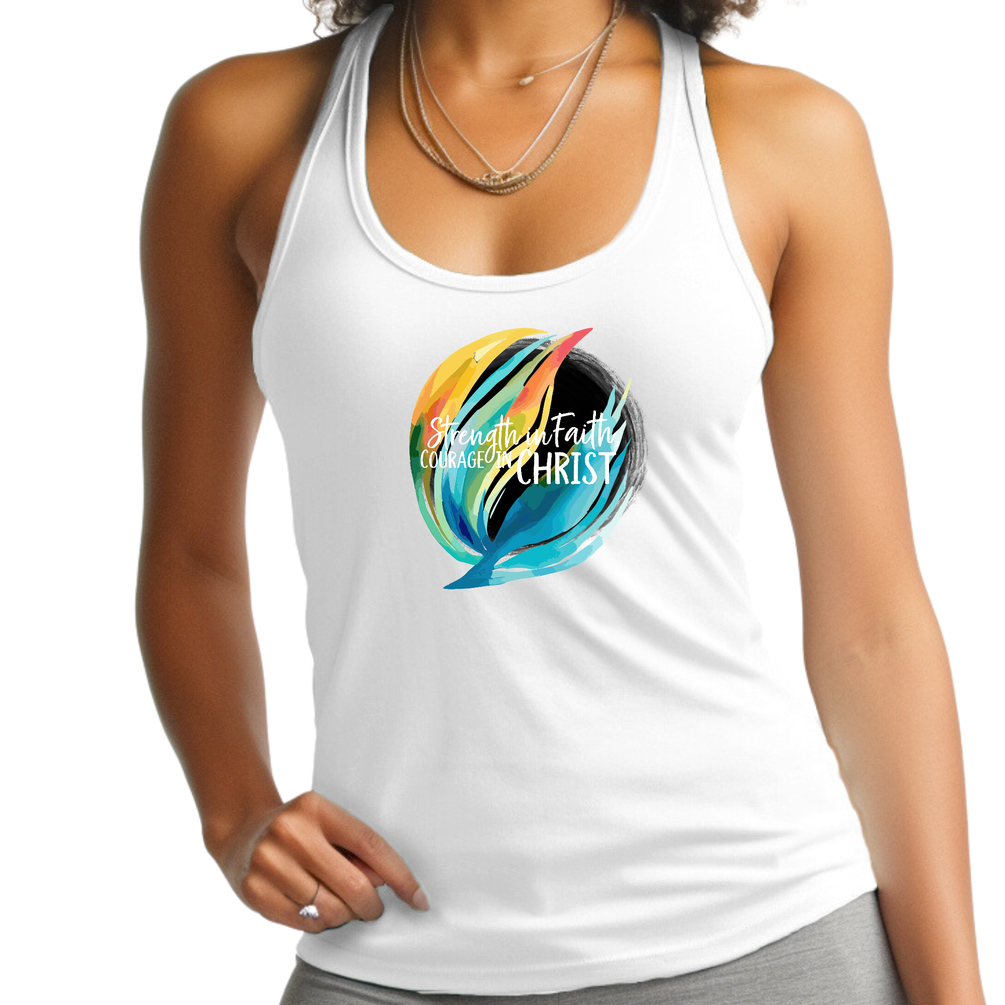 Women's Fitness Tank Top in black featuring 'Strength in Faith, Courage in Christ' graphic, made from soft preshrunk cotton.
