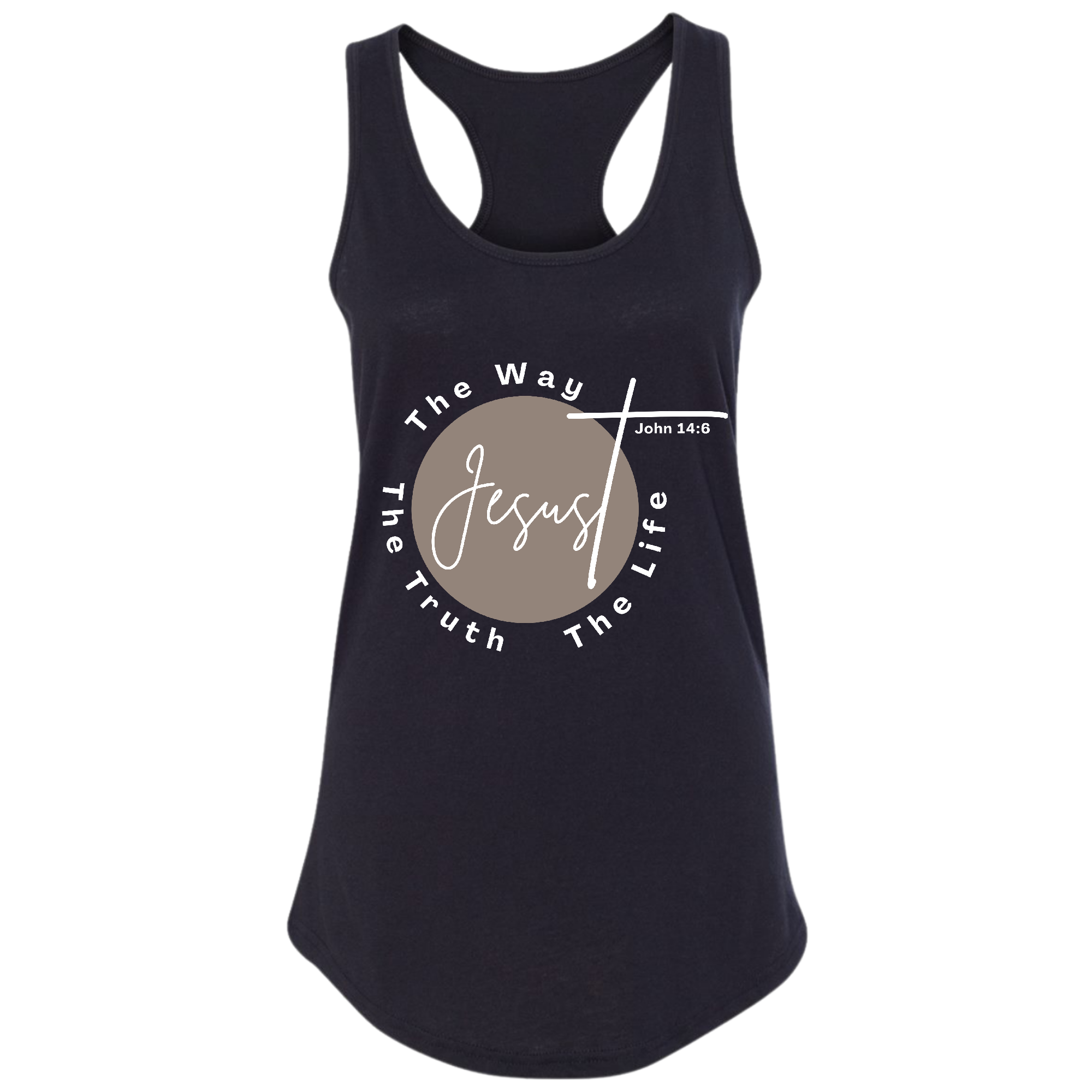 Women's Fitness Tank Top in brown and white featuring the graphic 'Jesus The Way The Truth The Life', made from soft preshrunk cotton.