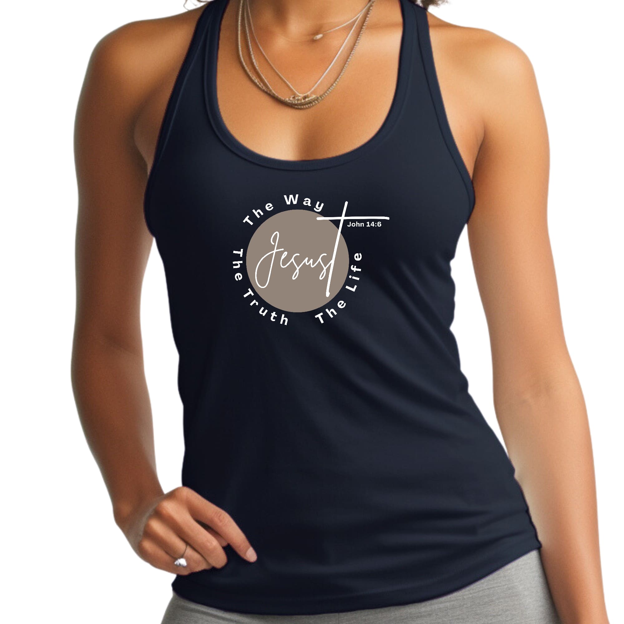 Women's Fitness Tank Top in brown and white featuring the graphic 'Jesus The Way The Truth The Life', made from soft preshrunk cotton.