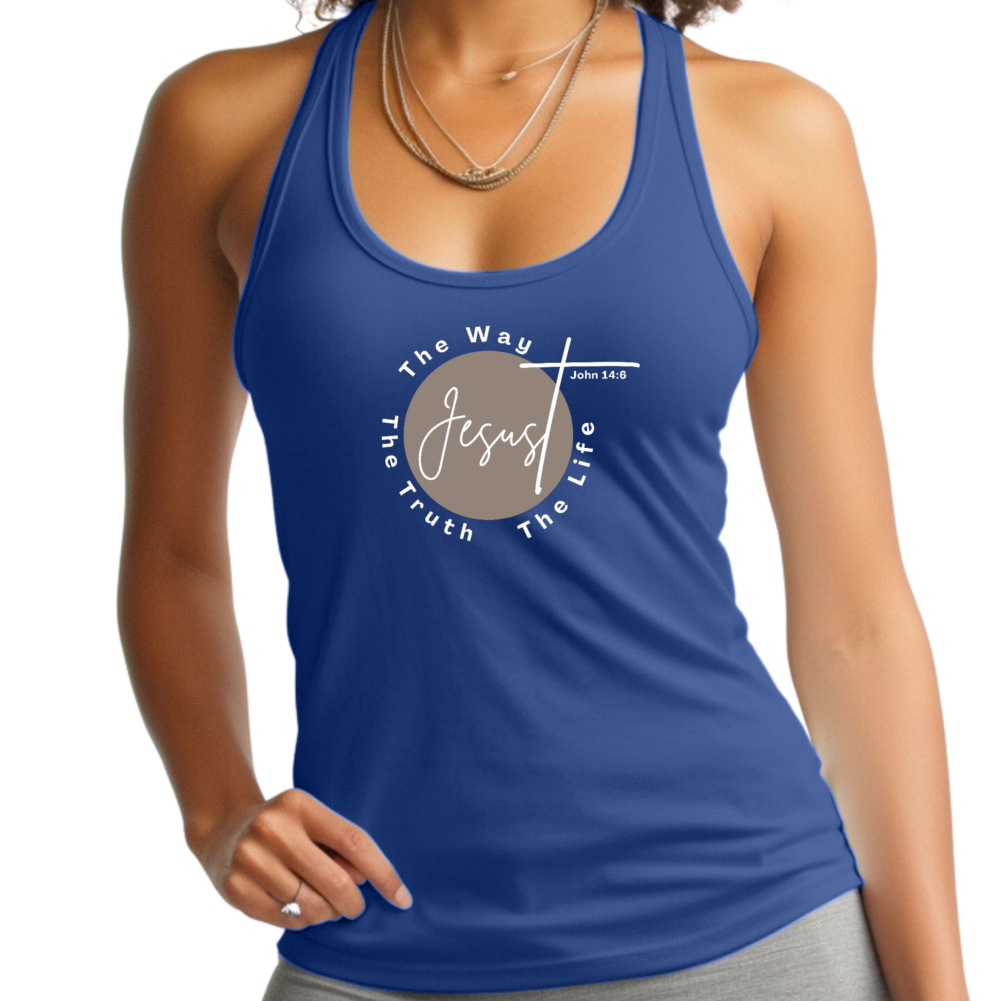 Women's Fitness Tank Top in brown and white featuring the graphic 'Jesus The Way The Truth The Life', made from soft preshrunk cotton.