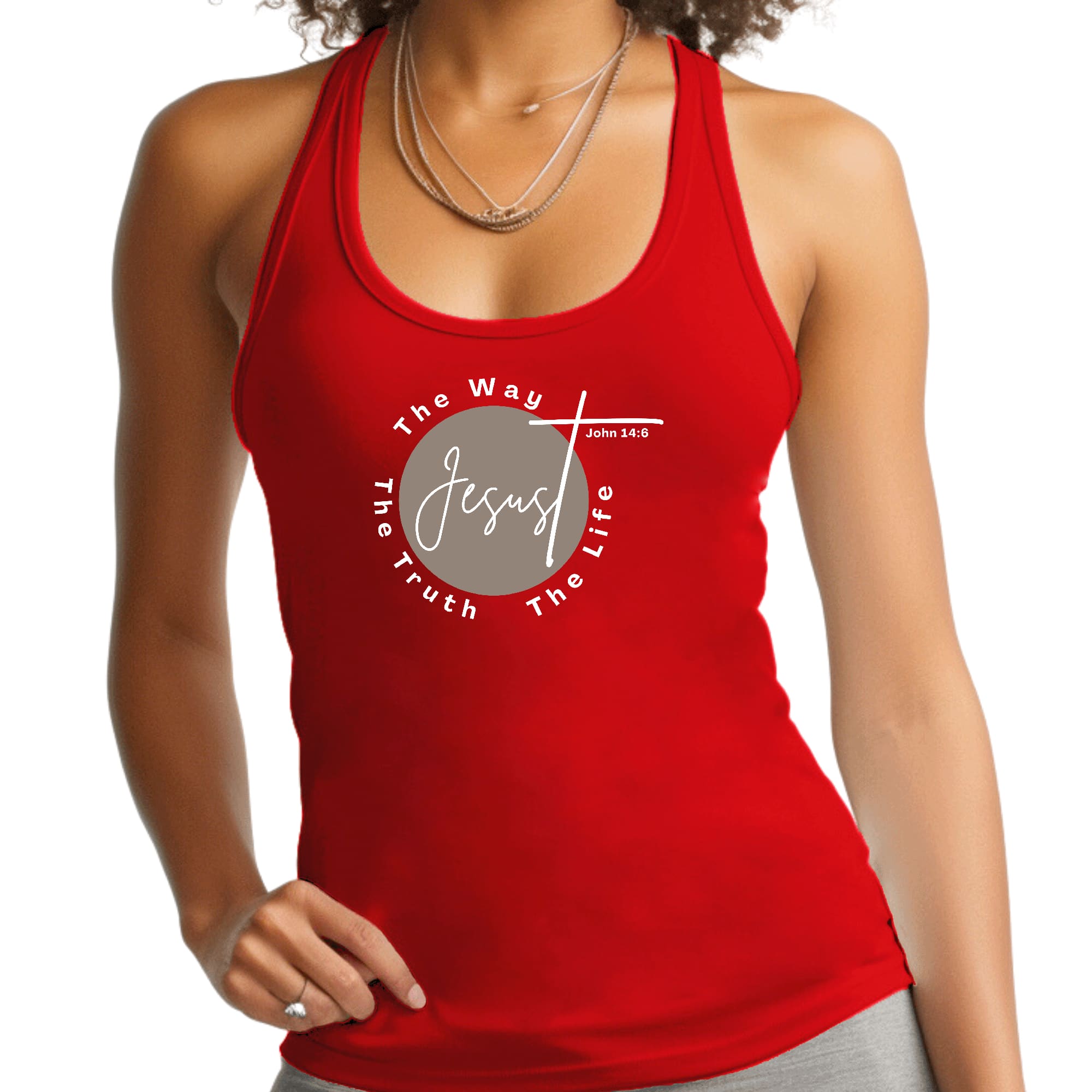 Women's Fitness Tank Top in brown and white featuring the graphic 'Jesus The Way The Truth The Life', made from soft preshrunk cotton.