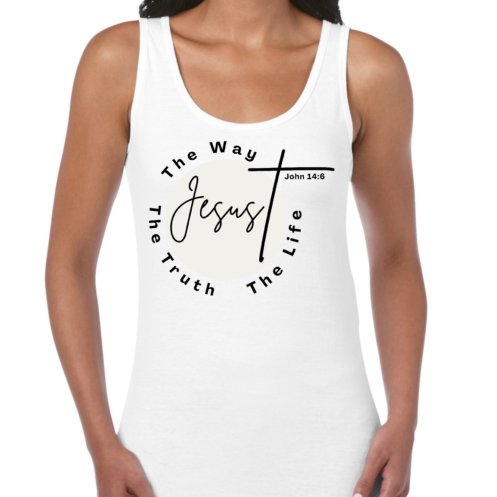 Women's Fitness Tank Top in black featuring the graphic 'Jesus The Way The Truth The Life', made from soft preshrunk cotton.