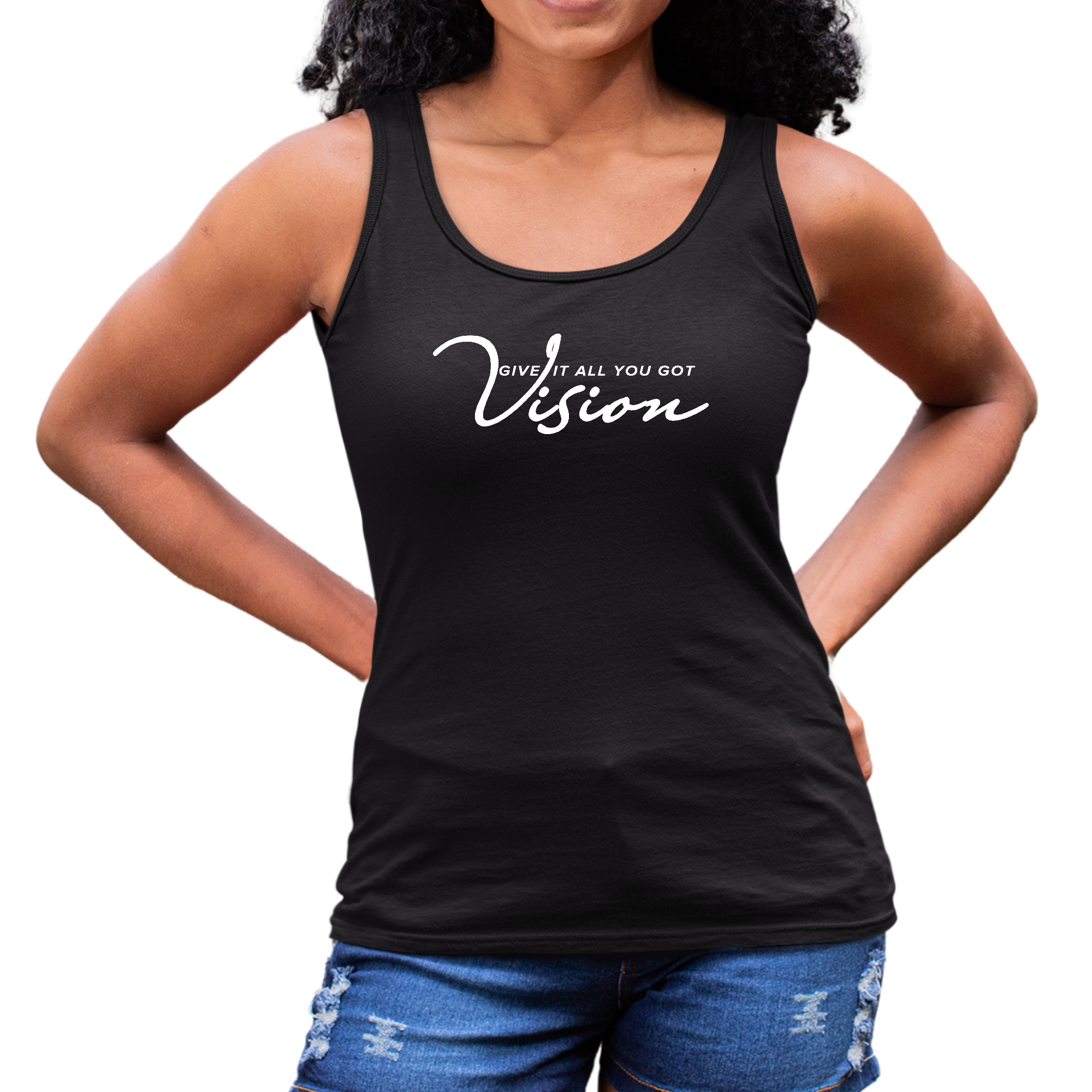 Women's Fitness Tank Top in cotton with graphic design, showcasing comfort and durability for activewear.