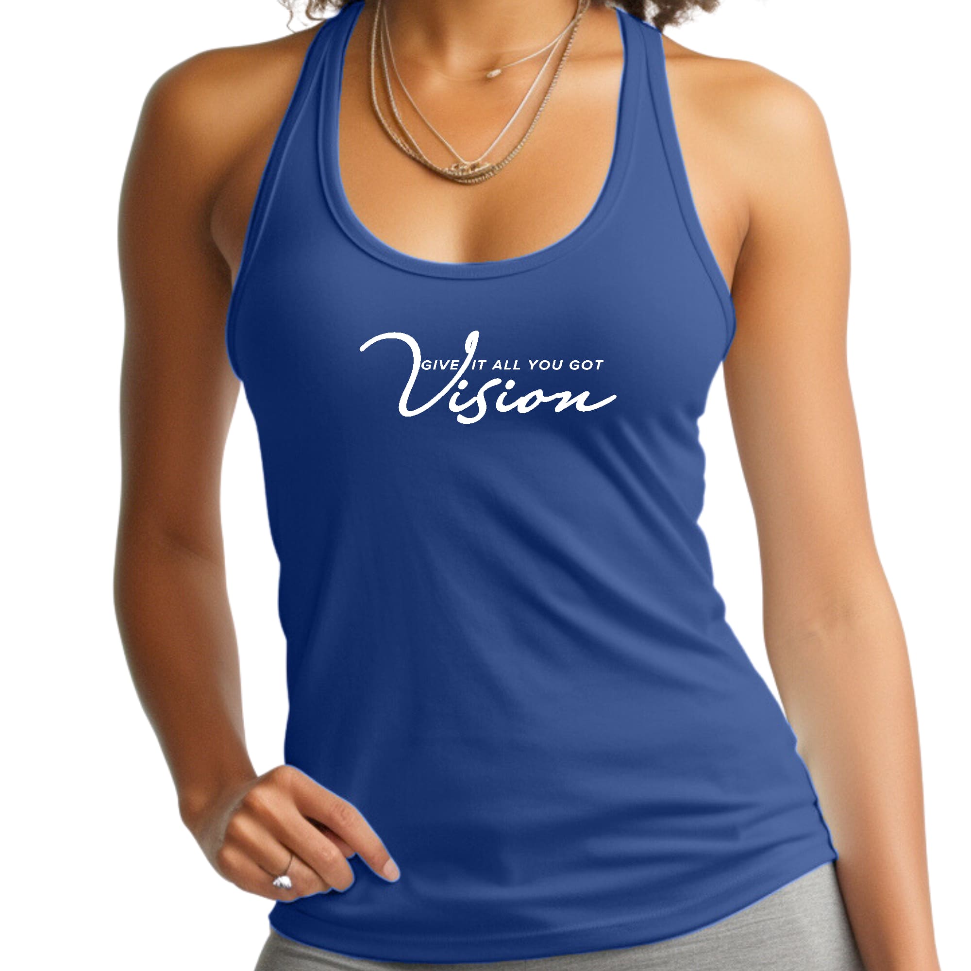 Women's Fitness Tank Top in cotton with graphic design, showcasing comfort and durability for activewear.