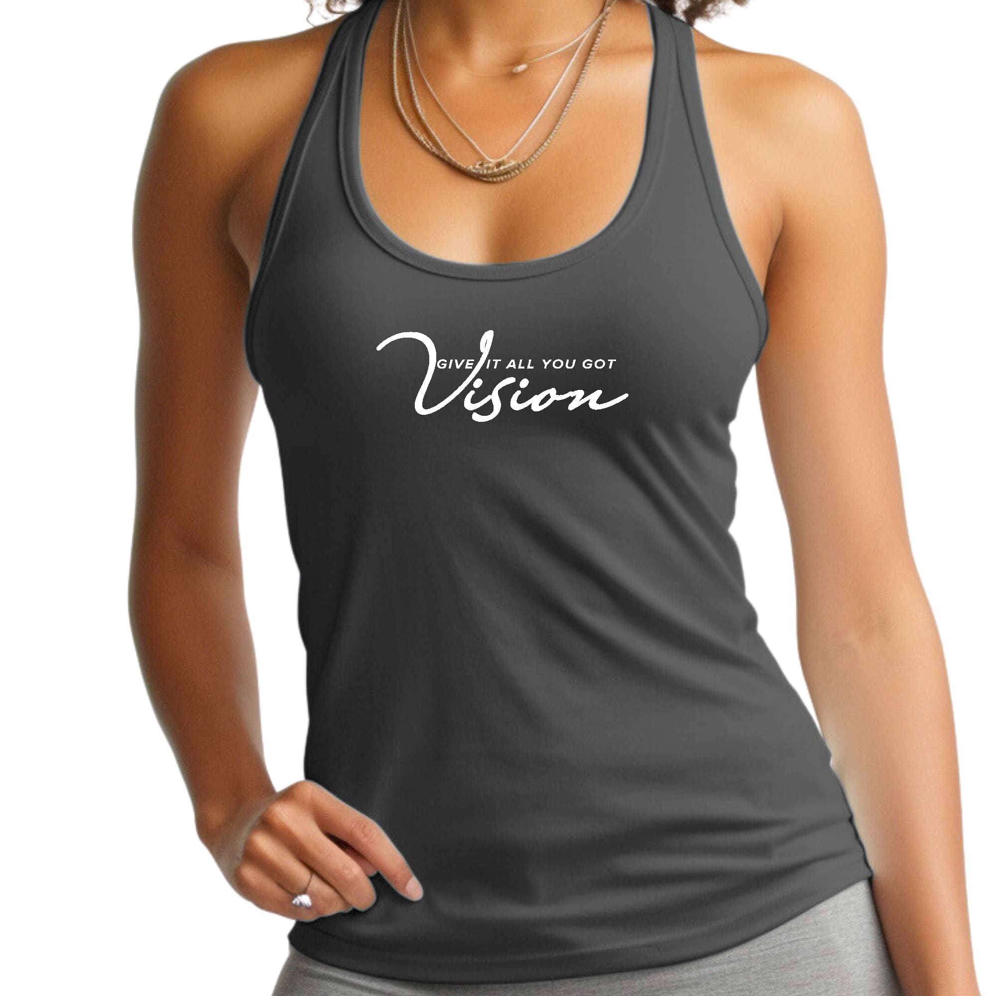 Women's Fitness Tank Top in cotton with graphic design, showcasing comfort and durability for activewear.