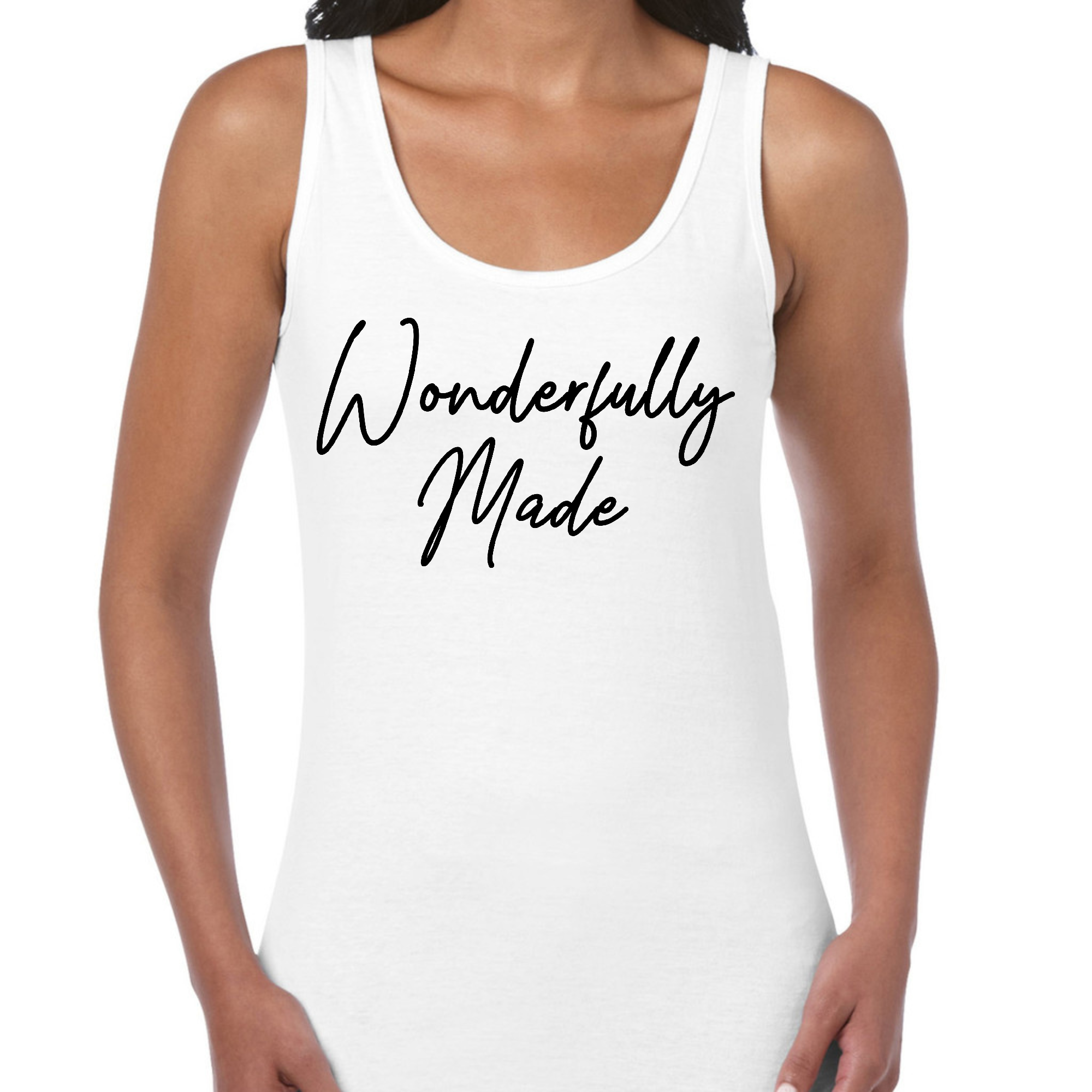 A stylish black women's fitness tank top with a graphic design, showcasing its soft cotton material and double-stitched seams.