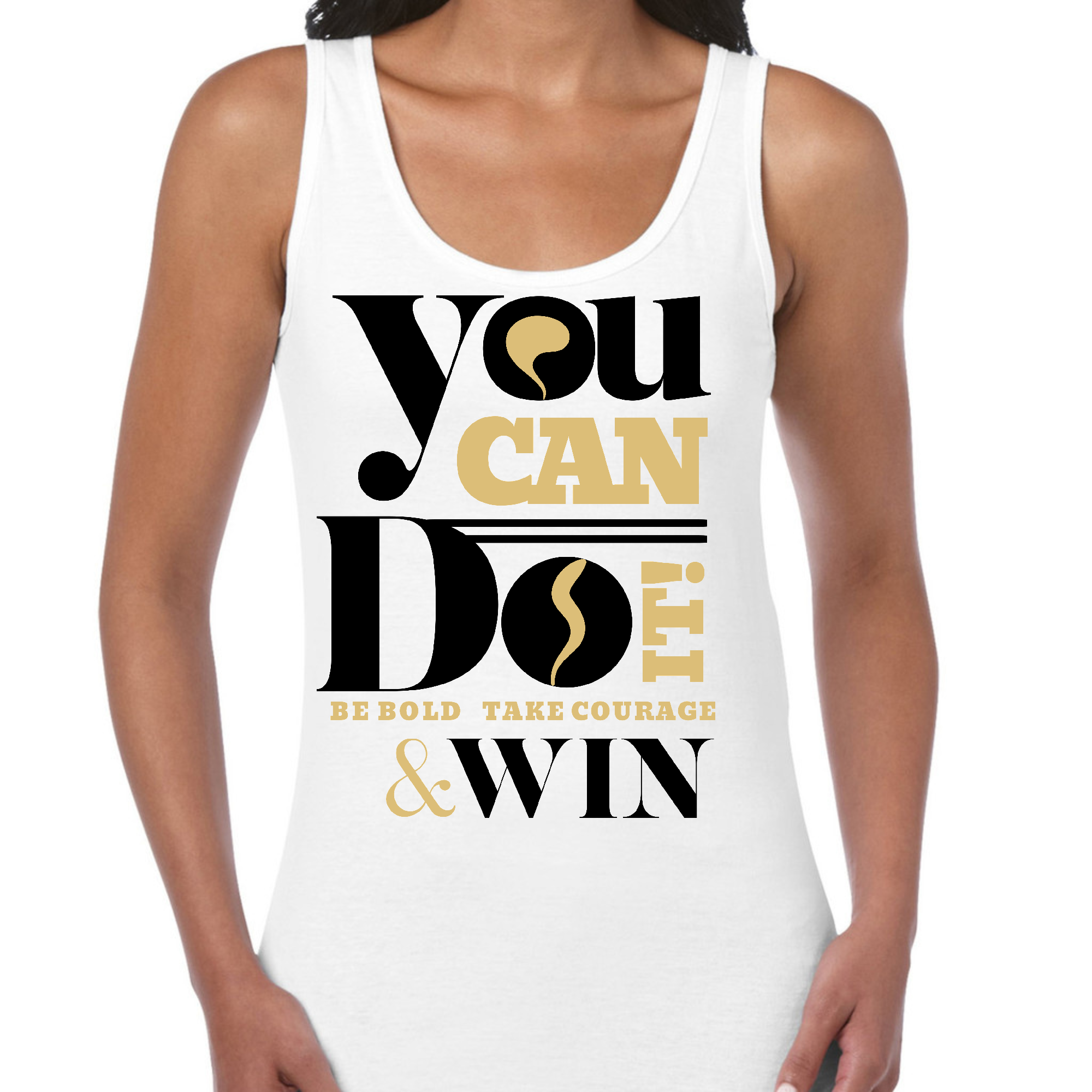 Women's Fitness Tank Top featuring bold motivational graphic in black, made from soft preshrunk cotton for comfort and durability.