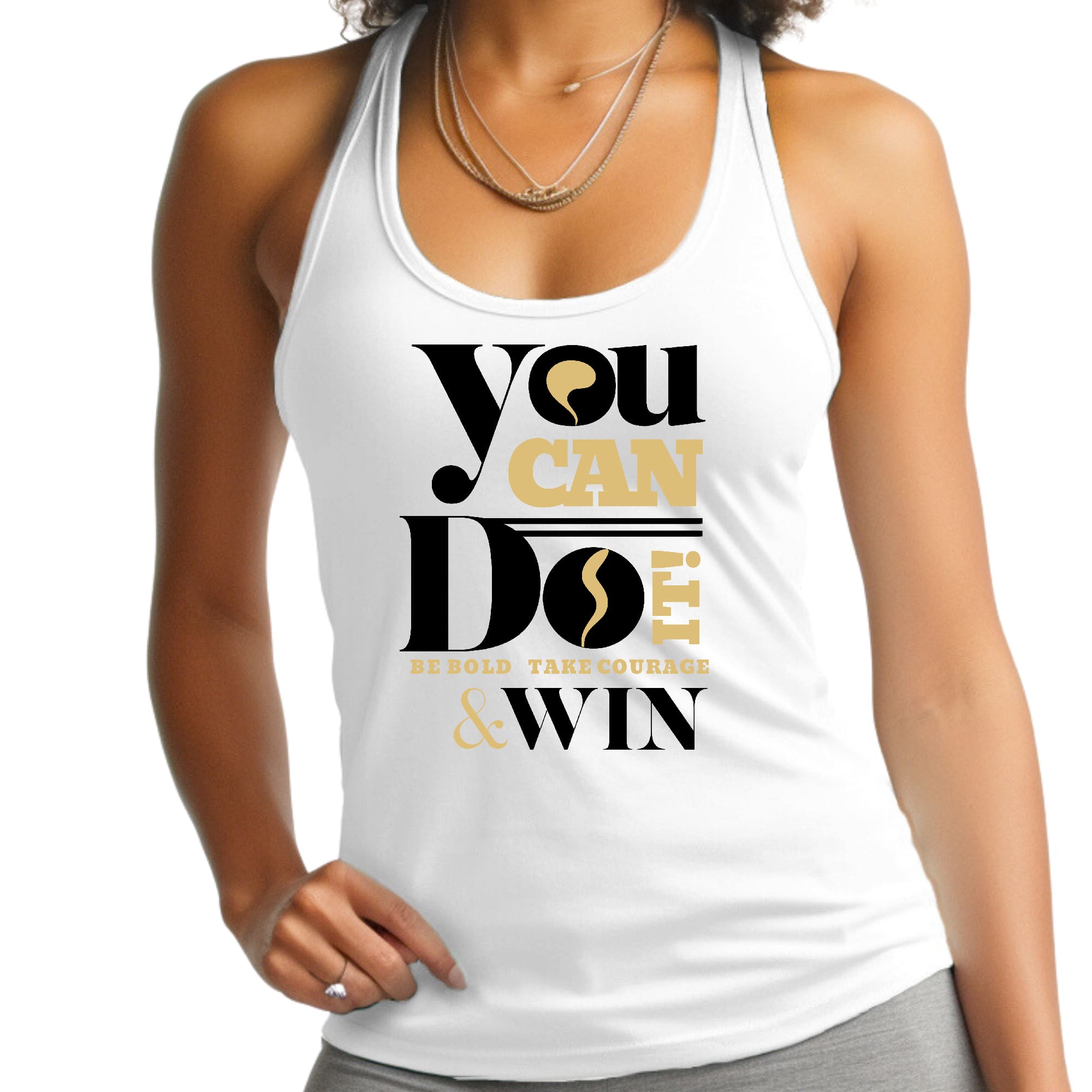 Women's Fitness Tank Top featuring bold motivational graphic in black, made from soft preshrunk cotton for comfort and durability.