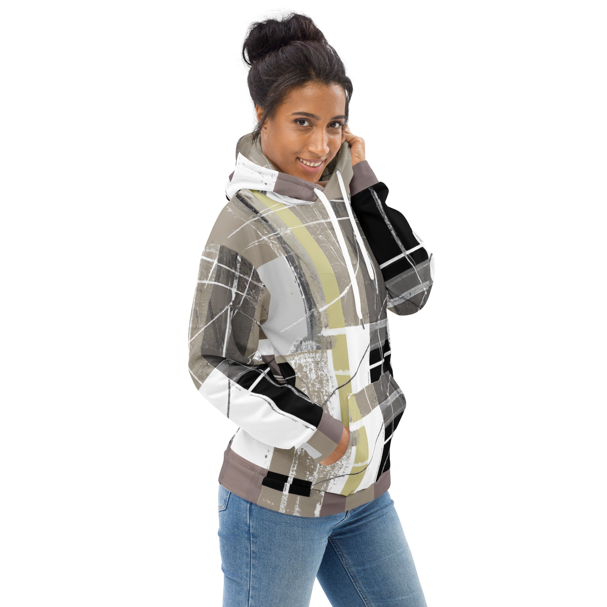 Women's graphic hoodie with abstract brown geometric shapes, showcasing a stylish design and comfortable fit.