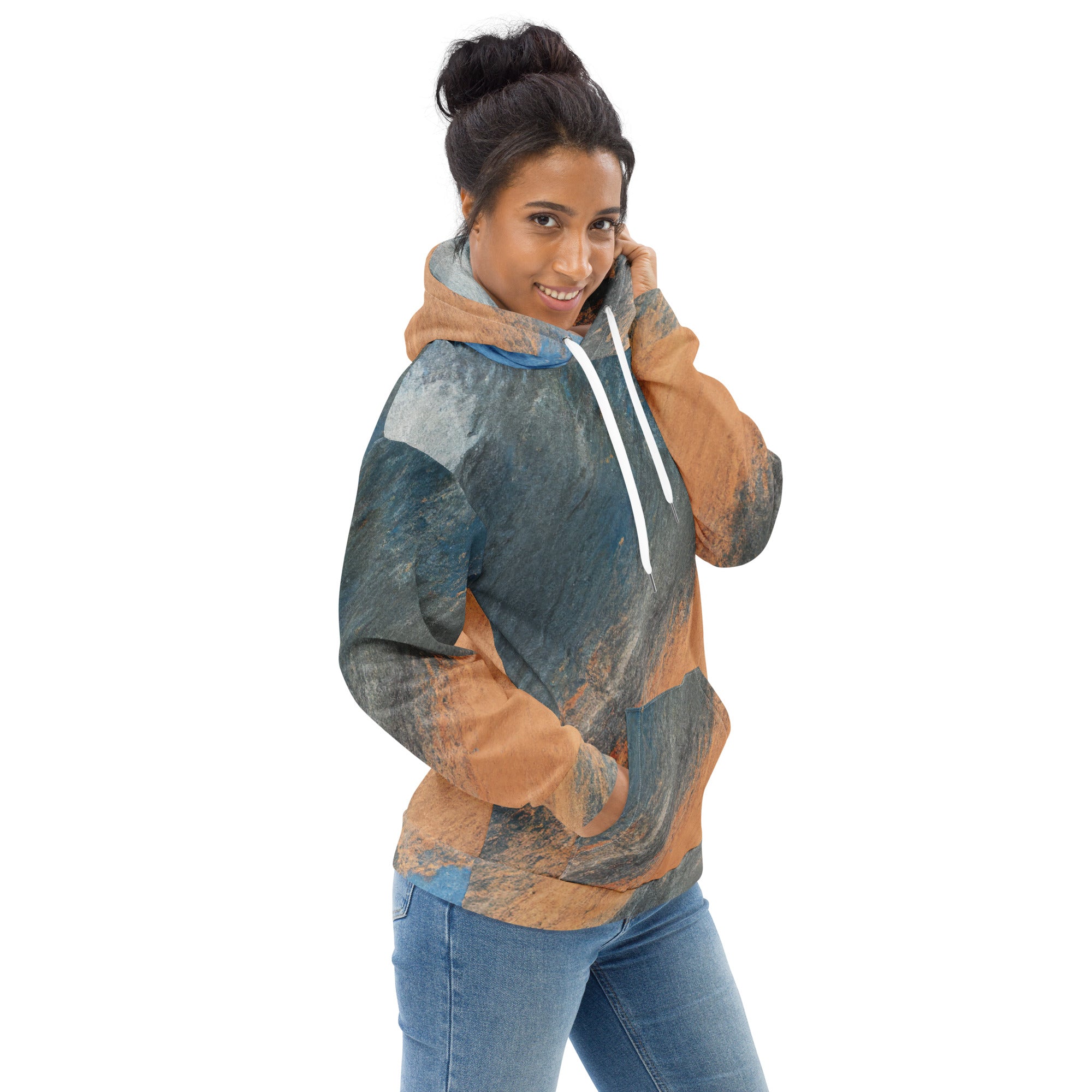 Women's Graphic Hoodie featuring a vibrant blue and orange abstract pattern, showcasing a stylish design with a comfortable hood and front pouch pocket.
