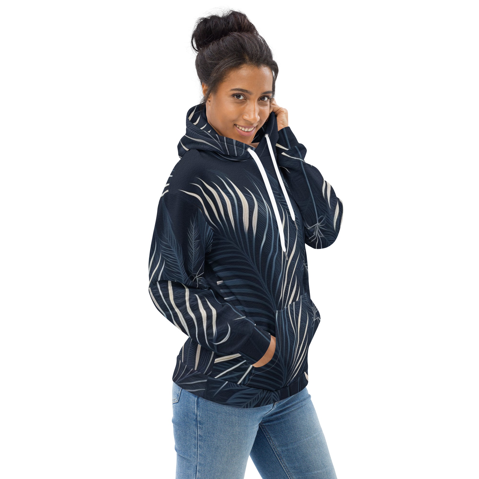 Womens Graphic Hoodie in Blue and White featuring palm leaves design, showcasing a stylish and comfortable fit with a double-lined hood.