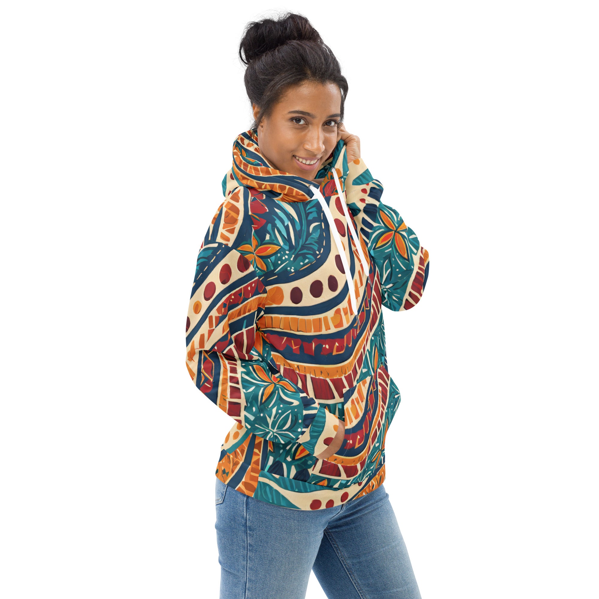 Womens Graphic Hoodie featuring a vibrant Boho Floral Tropical Print, showcasing a colorful floral design with a comfortable hood and front pouch pocket.