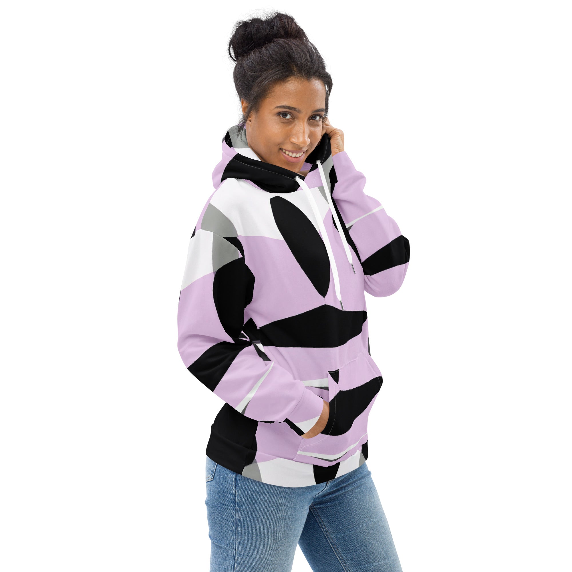 Women's Graphic Hoodie featuring a geometric lavender and black pattern, showcasing a stylish design with a comfortable hood and front pouch pocket.