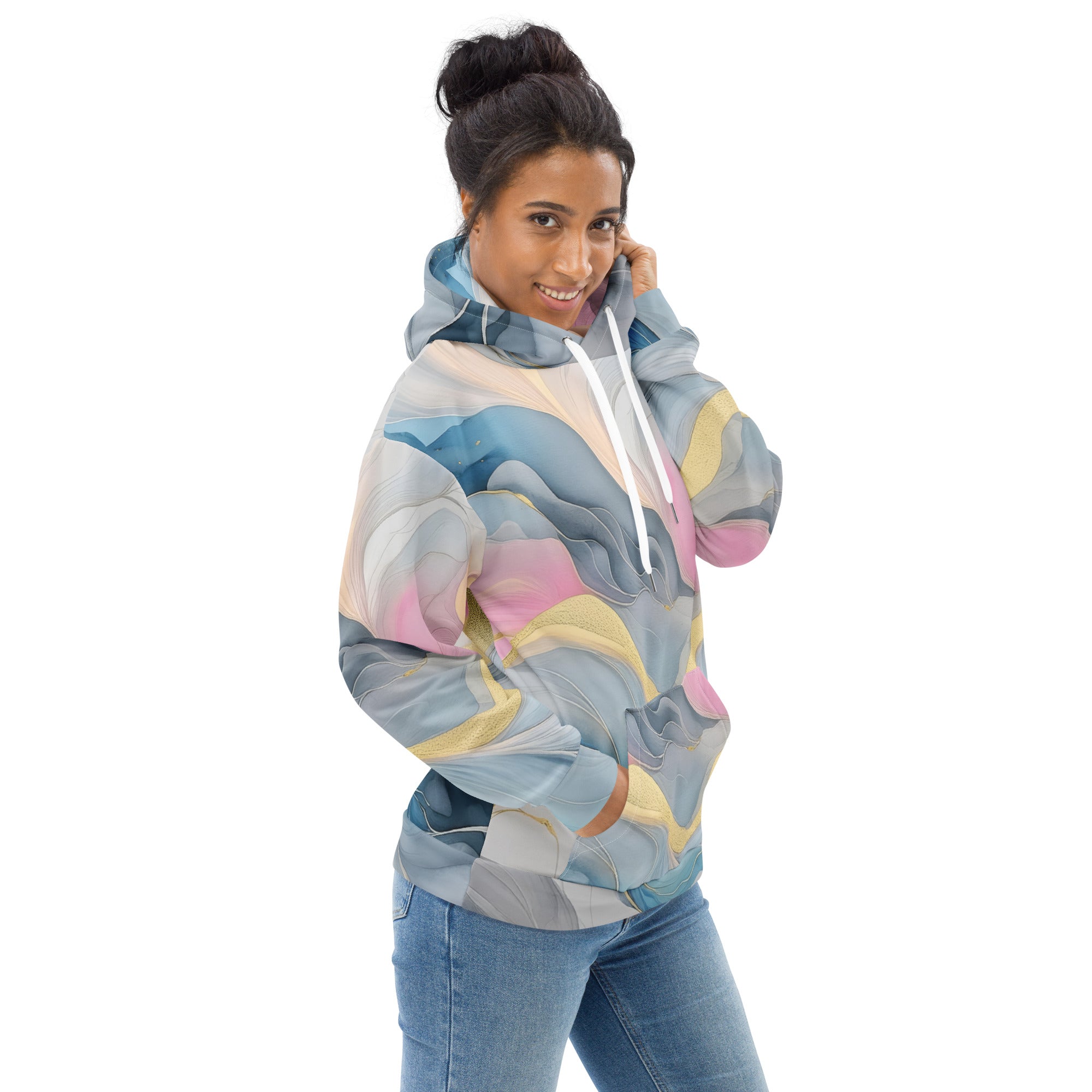 Womens Graphic Hoodie featuring a Marble Cloud design in Grey, Pink, and Blue, showcasing a stylish and comfortable fit.