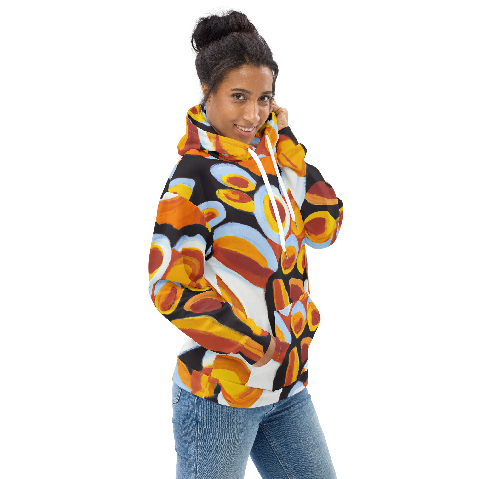 Women's Graphic Hoodie featuring an orange, black, and white geometric print pattern, showcasing a stylish design with a comfortable fit.