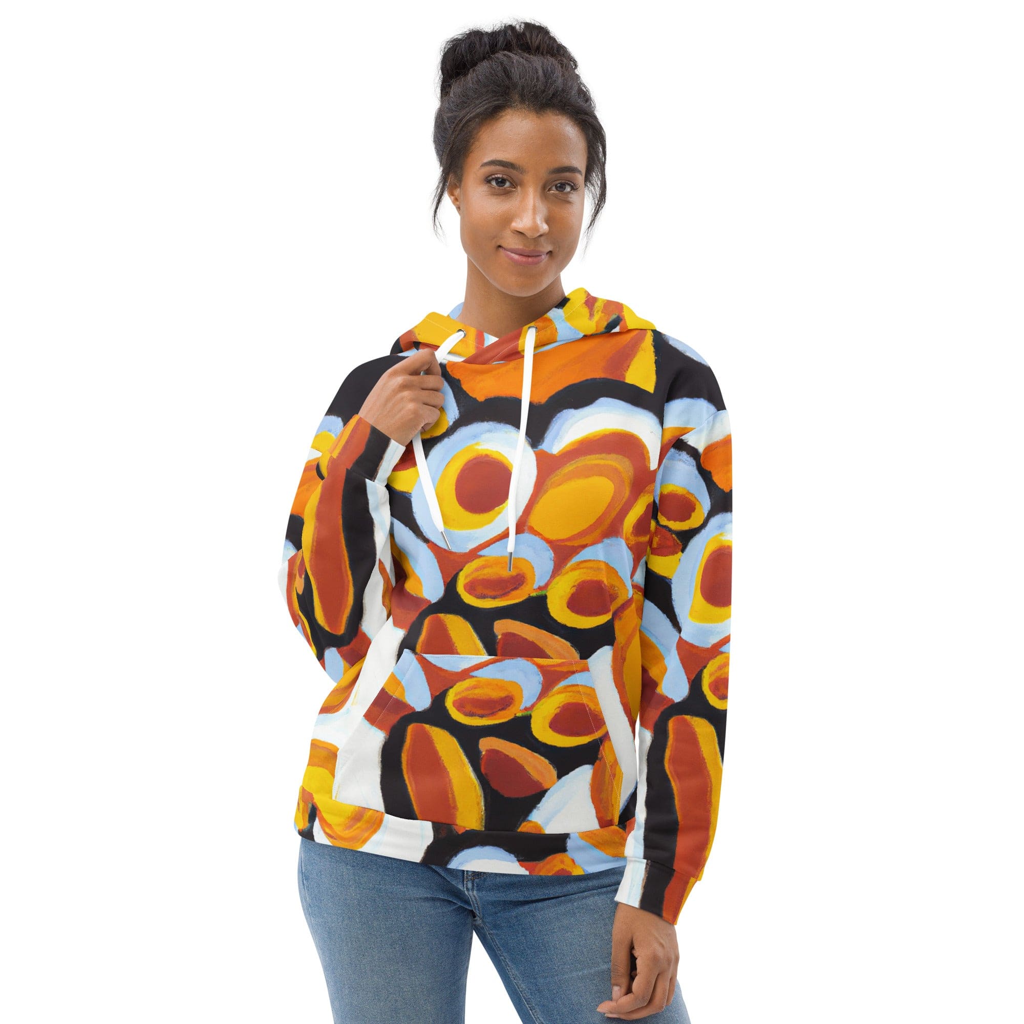 Women's Graphic Hoodie featuring an orange, black, and white geometric print pattern, showcasing a stylish design with a comfortable fit.