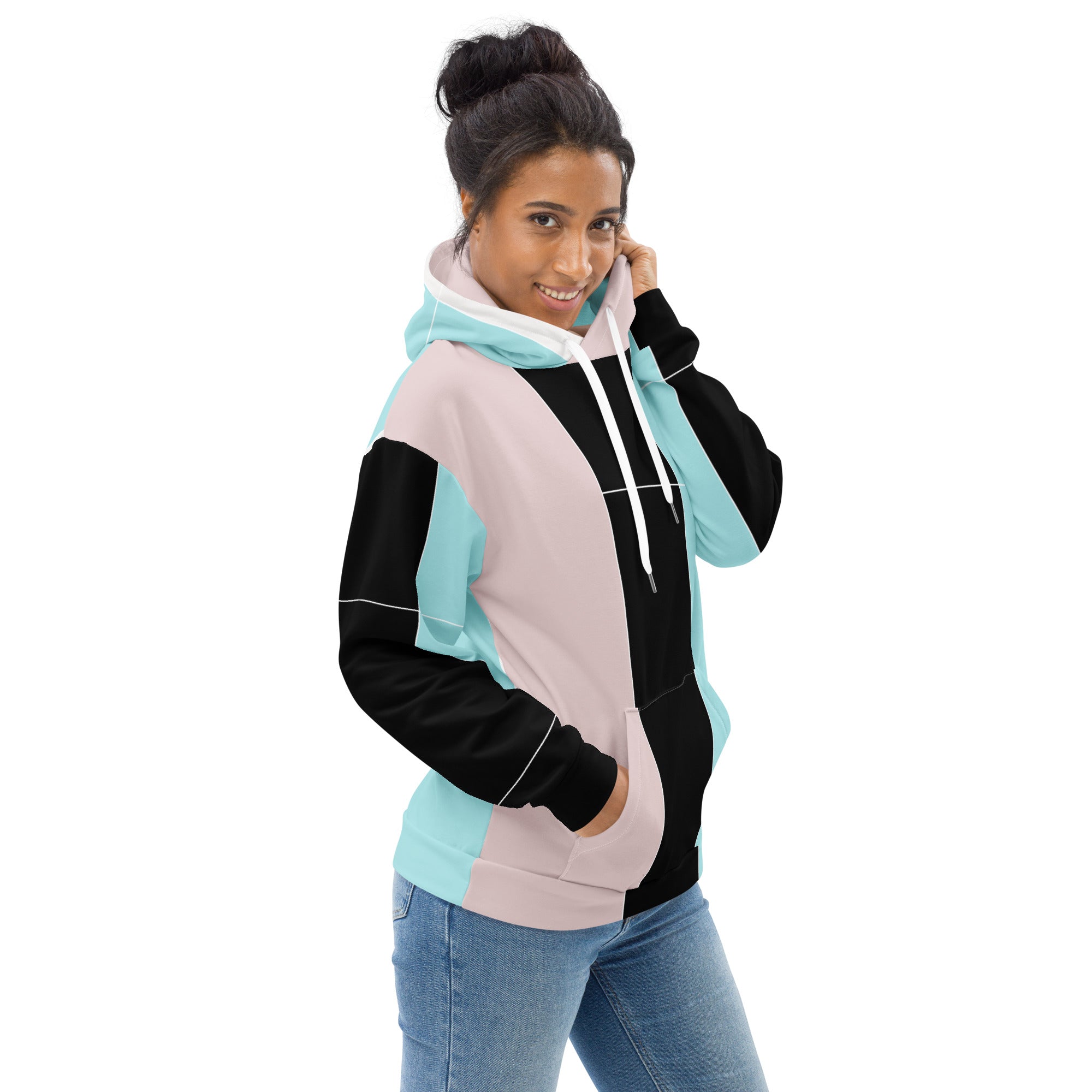 Women's Graphic Hoodie featuring pastel pink, black, and blue colorblock design with dynamic graphics and a comfortable fit.