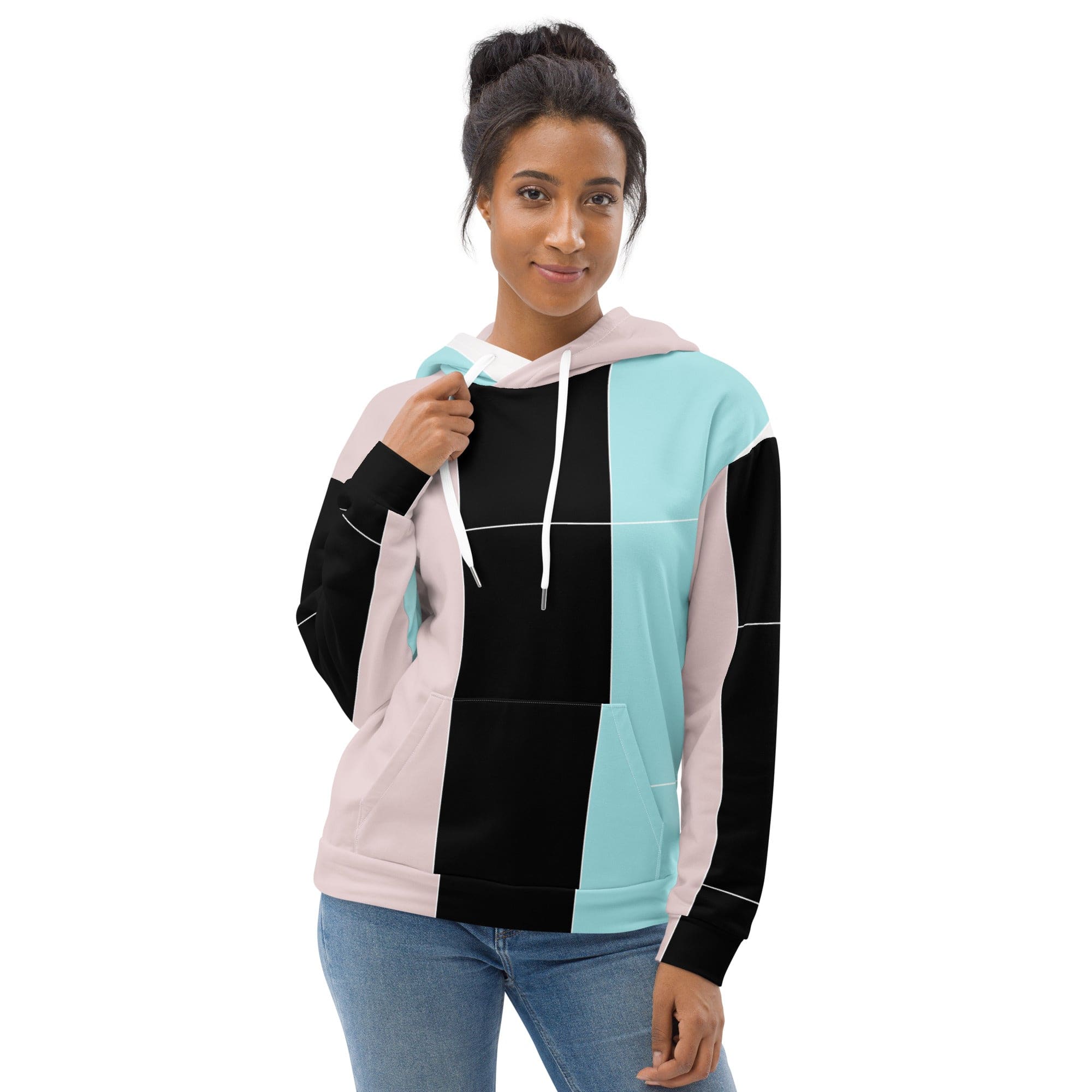 Women's Graphic Hoodie featuring pastel pink, black, and blue colorblock design with dynamic graphics and a comfortable fit.