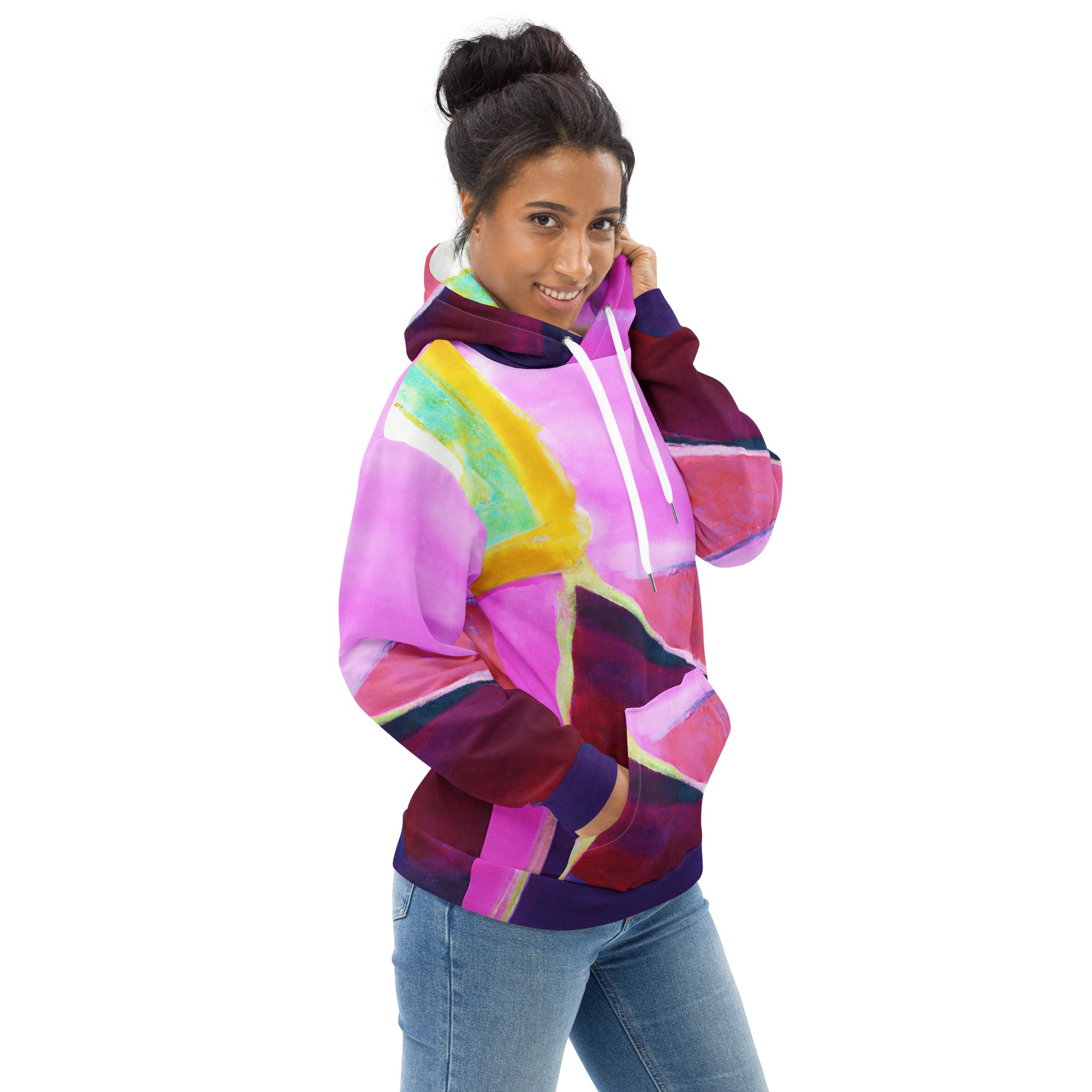 Women's graphic hoodie featuring a vibrant pink and purple pattern, designed for comfort and style with a double-lined hood and front pouch pocket.